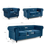 Chesterfield Velvet Sofa Suite, Navy Blue 3 Piece Set with Armchair, 2 Seater and 3 Seater Sofa, Button Back