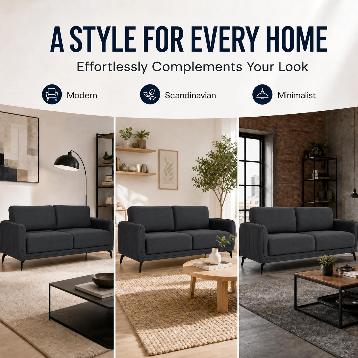 Brixton Dark Grey Linen Look Fabric 3 Seater Sofa, Modern Couch with Foam Cushions and Black Steel Legs