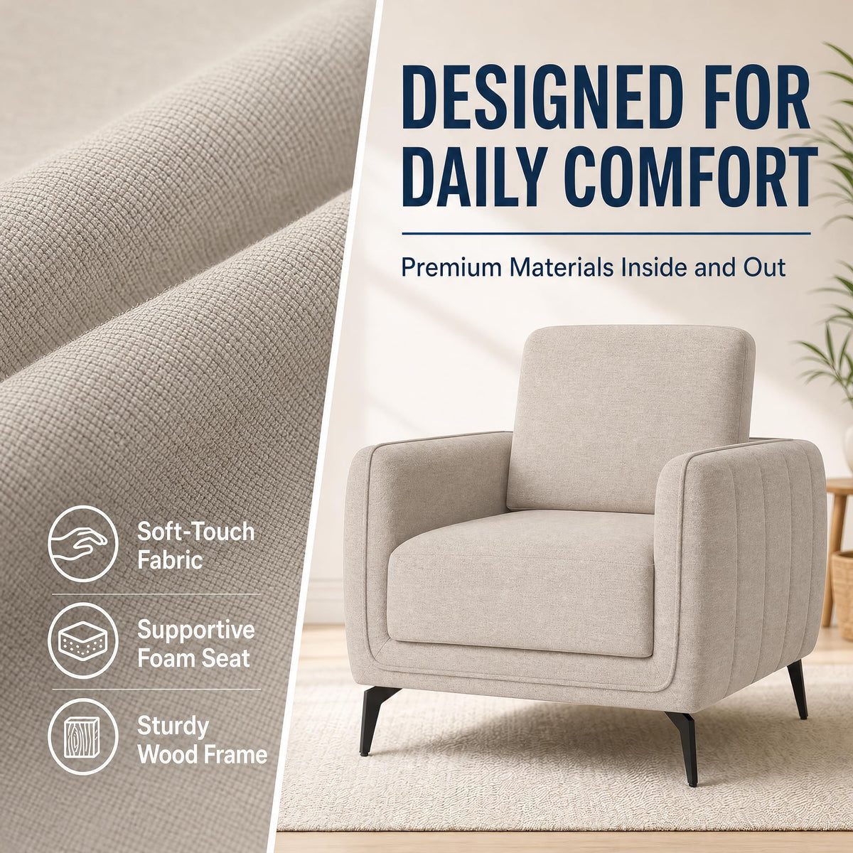 Brixton Cream Linen Look Fabric Armchair, Modern Accent Chair with Solid Wood Frame and Black Steel Legs