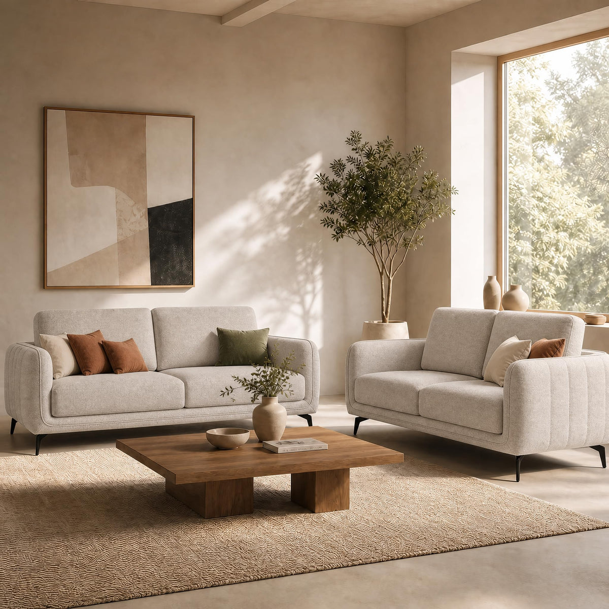 Brixton Cream Fabric Sofa Set, 2 Seater and 3 Seater Linen Look Settees with Solid Wood Frame and Steel Legs