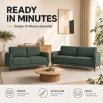 Brixton Green Fabric Sofa Set, 2 Seater and 3 Seater Linen Look Settees with Solid Wood Frame and Steel Legs