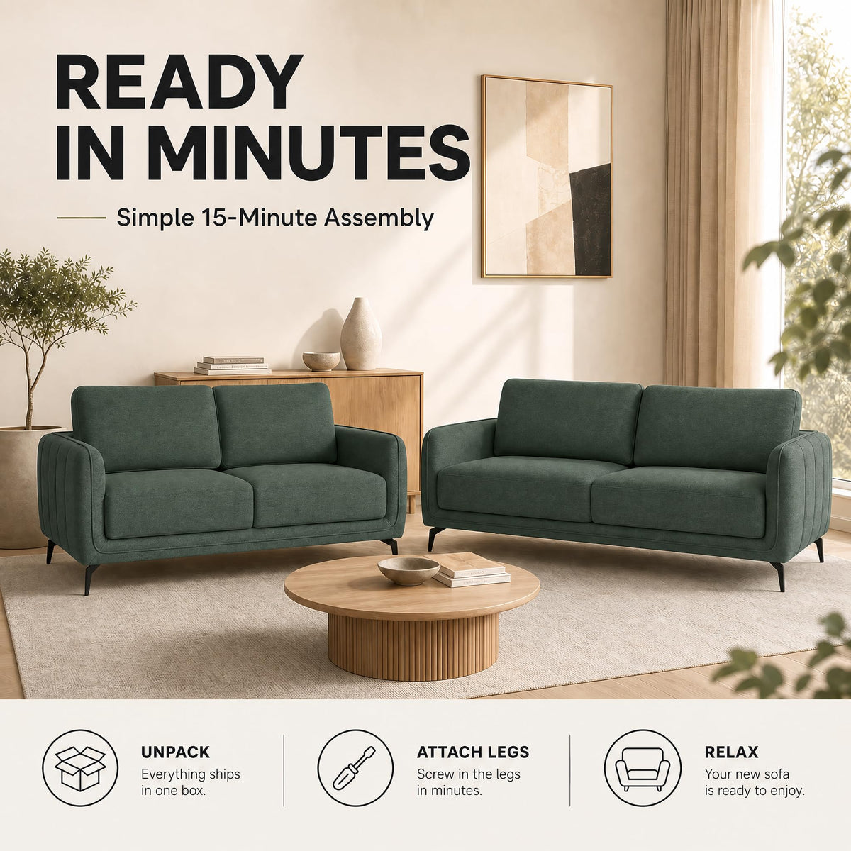 Brixton Green Fabric Sofa Set, 2 Seater and 3 Seater Linen Look Settees with Solid Wood Frame and Steel Legs