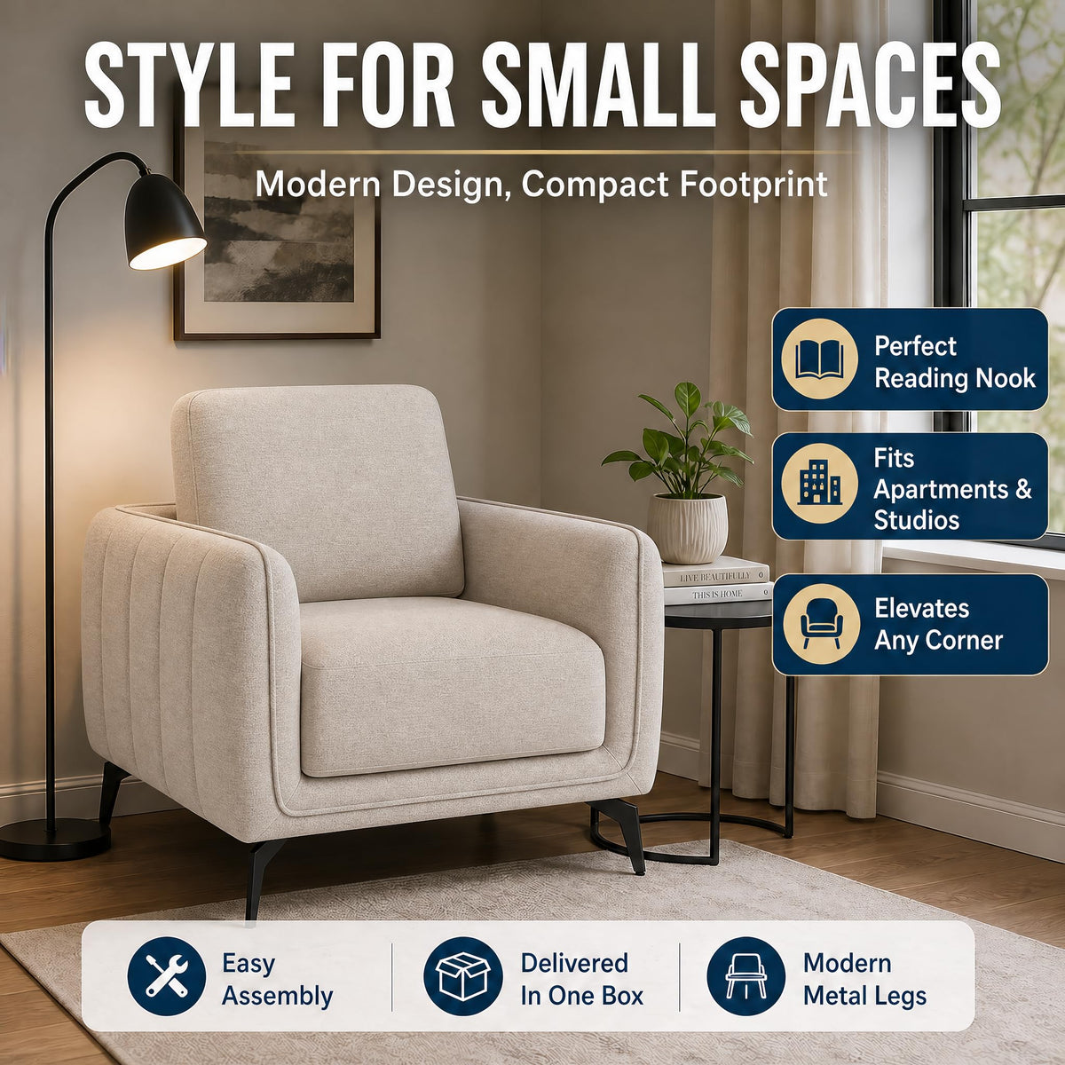 Brixton Cream Linen Look Fabric Armchair, Modern Accent Chair with Solid Wood Frame and Black Steel Legs