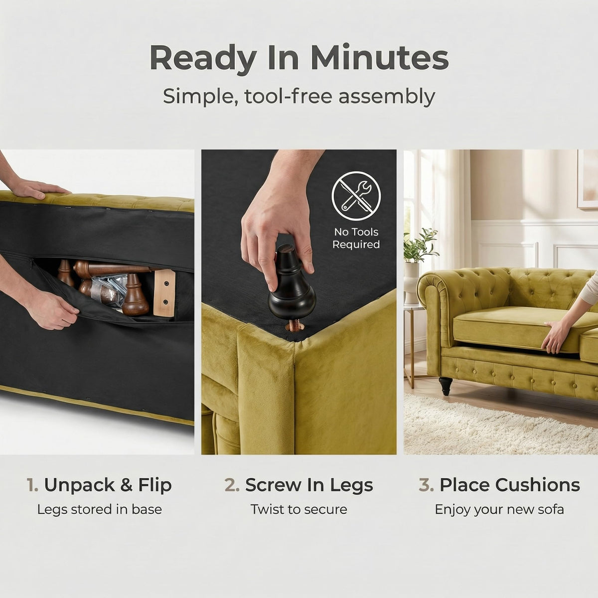 Canapé Chesterfield en velours olive doré