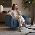 Brixton Blue Linen Look Fabric Armchair, Modern Accent Chair with Solid Wood Frame and Black Steel Legs
