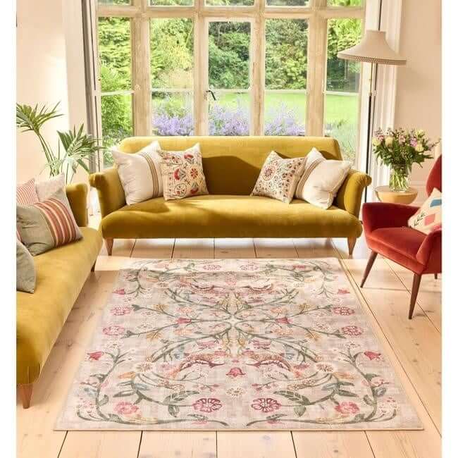 Eco - Washable Beige Rug Floral Design - Bargainia.com - 