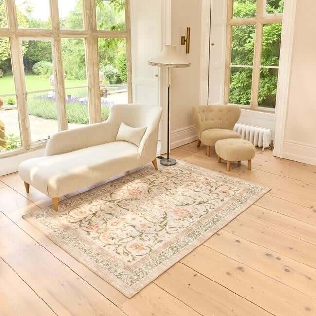 Eco - Washable Beige Rug Flowers Design - Bargainia.com - 