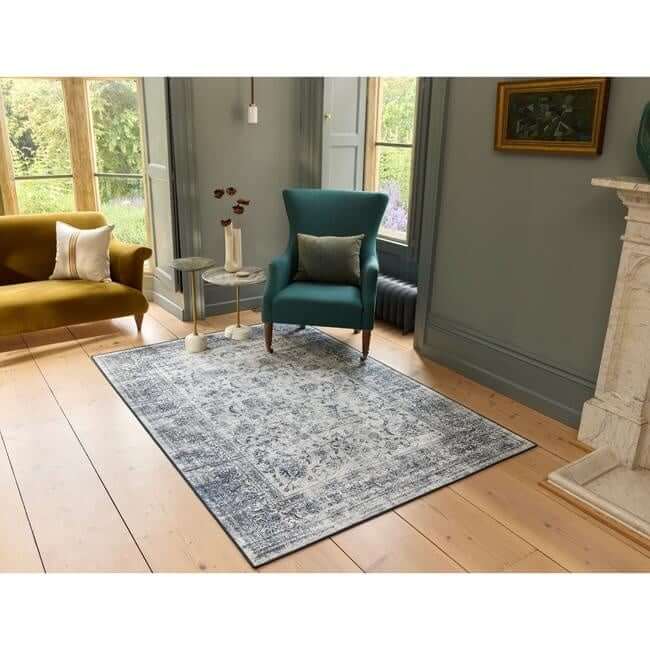 Eco - Washable Blue Rug Bordered Design - Bargainia.com - 