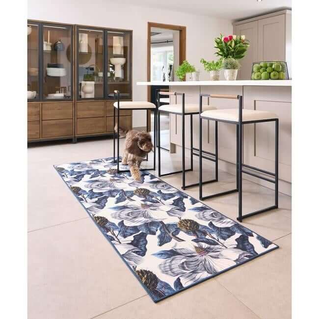 Eco - Washable Blue Rug Floral Design - Bargainia.com - 