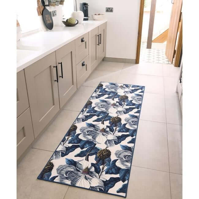 Eco - Washable Blue Rug Floral Design - Bargainia.com - 