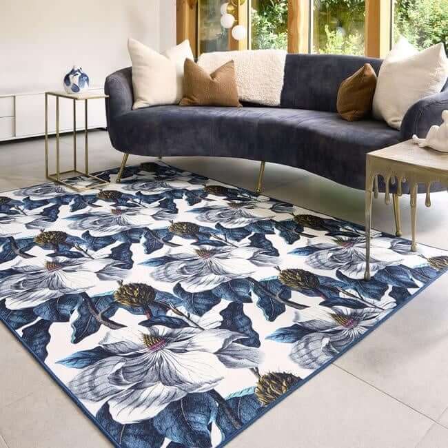 Eco - Washable Blue Rug Floral Design - Bargainia.com - 