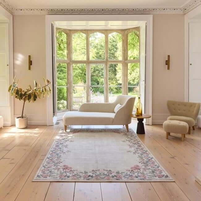 Eco - Washable Cream Rug Flower Design - Bargainia.com - 5026134621671 - HGECWA_BTNBOR_120X185