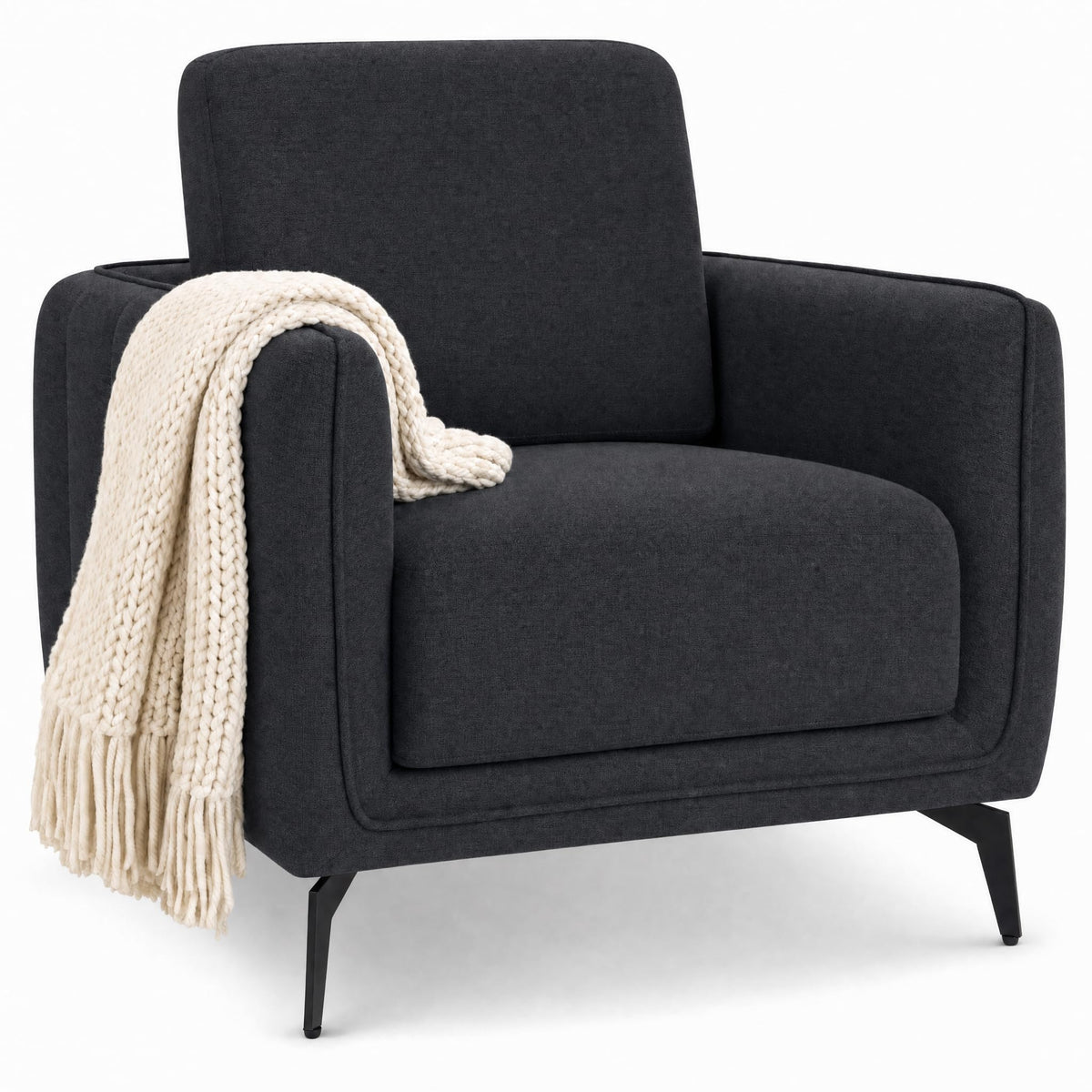 Brixton Dark Grey Linen Look Fabric Armchair, Modern Accent Chair with Solid Wood Frame and Black Steel Legs