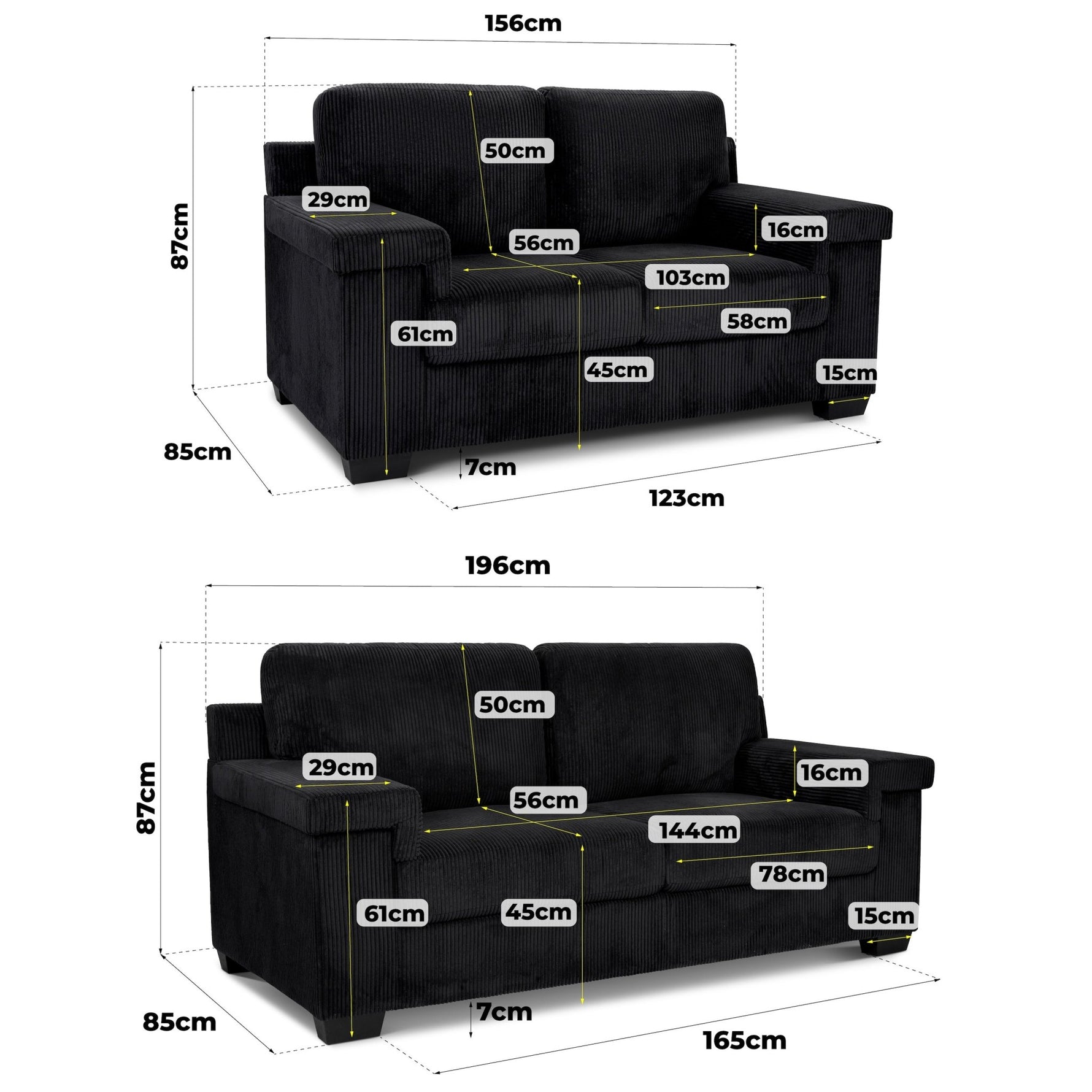 Enzo 2 and 3 Seater Corduroy Sofa Set in Black | Adjustable Back | Foam Cushions - Bargainia.com - 5056150285311