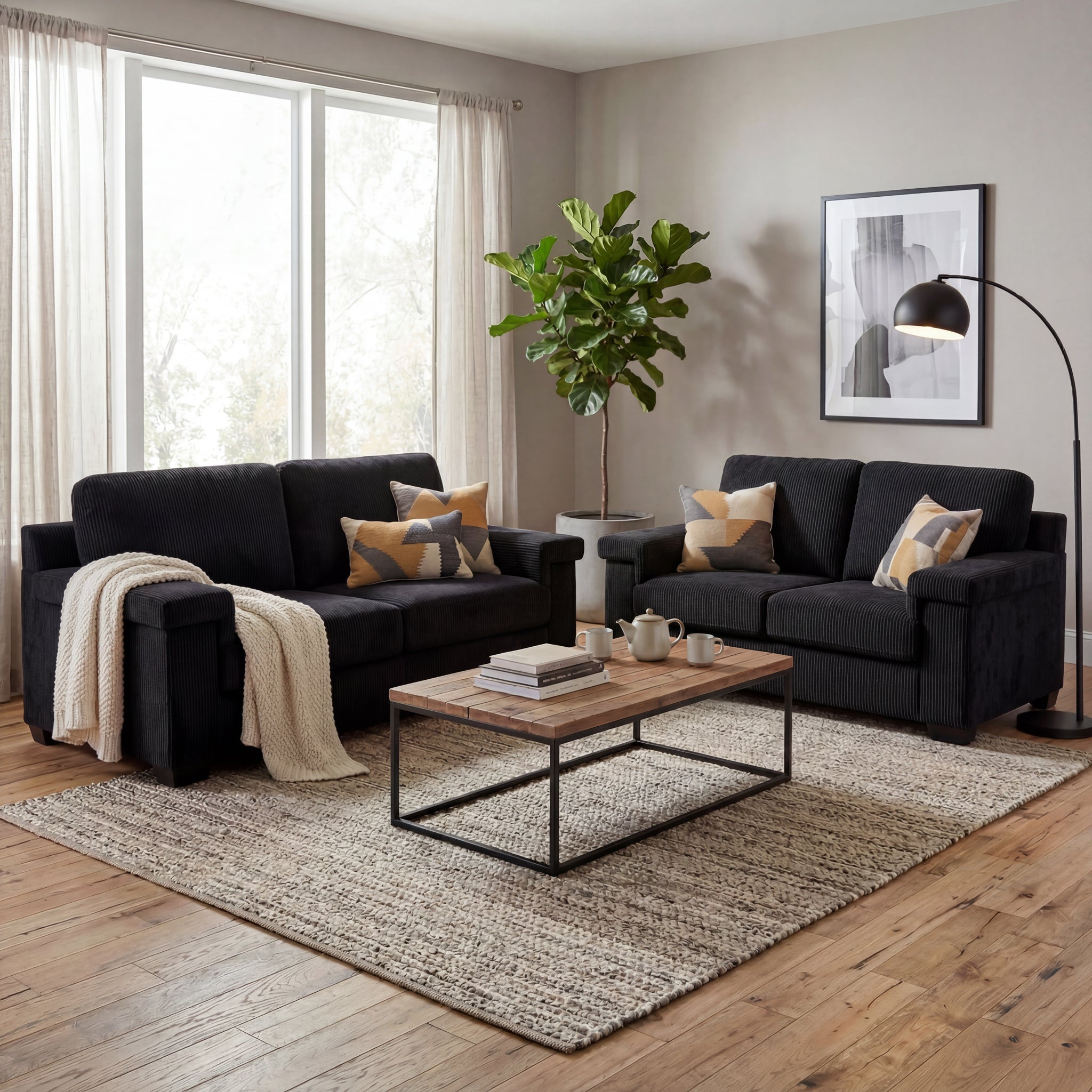 Enzo 2 and 3 Seater Corduroy Sofa Set in Black | Adjustable Back | Foam Cushions - Bargainia.com - 5056150285311