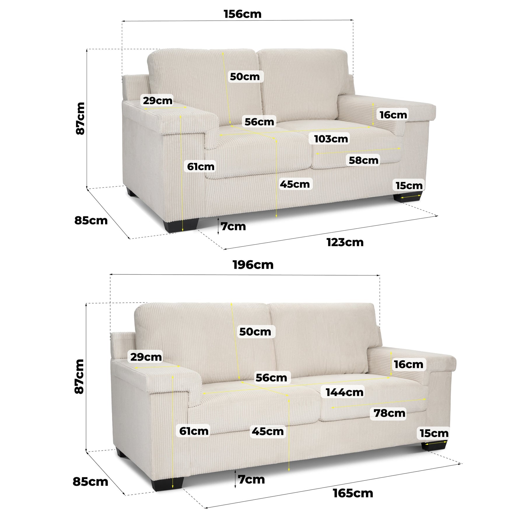 Enzo 2 and 3 Seater Corduroy Sofa Set in Cream | Adjustable Back | Foam Cushions - Bargainia.com - 5056150285342