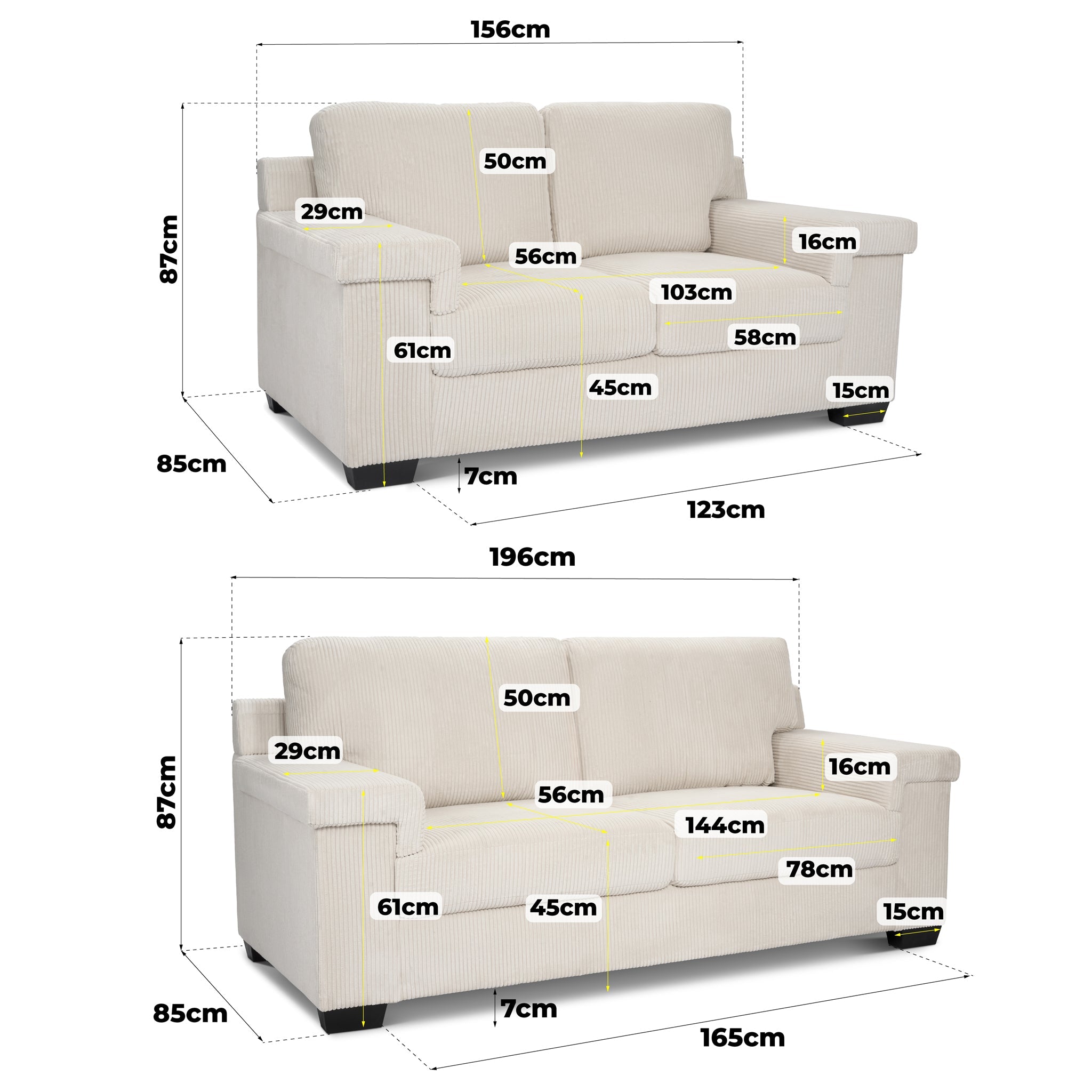 Enzo 2 and 3 Seater Corduroy Sofa Set in Cream | Adjustable Back | Foam Cushions - Bargainia.com - 5056150285342