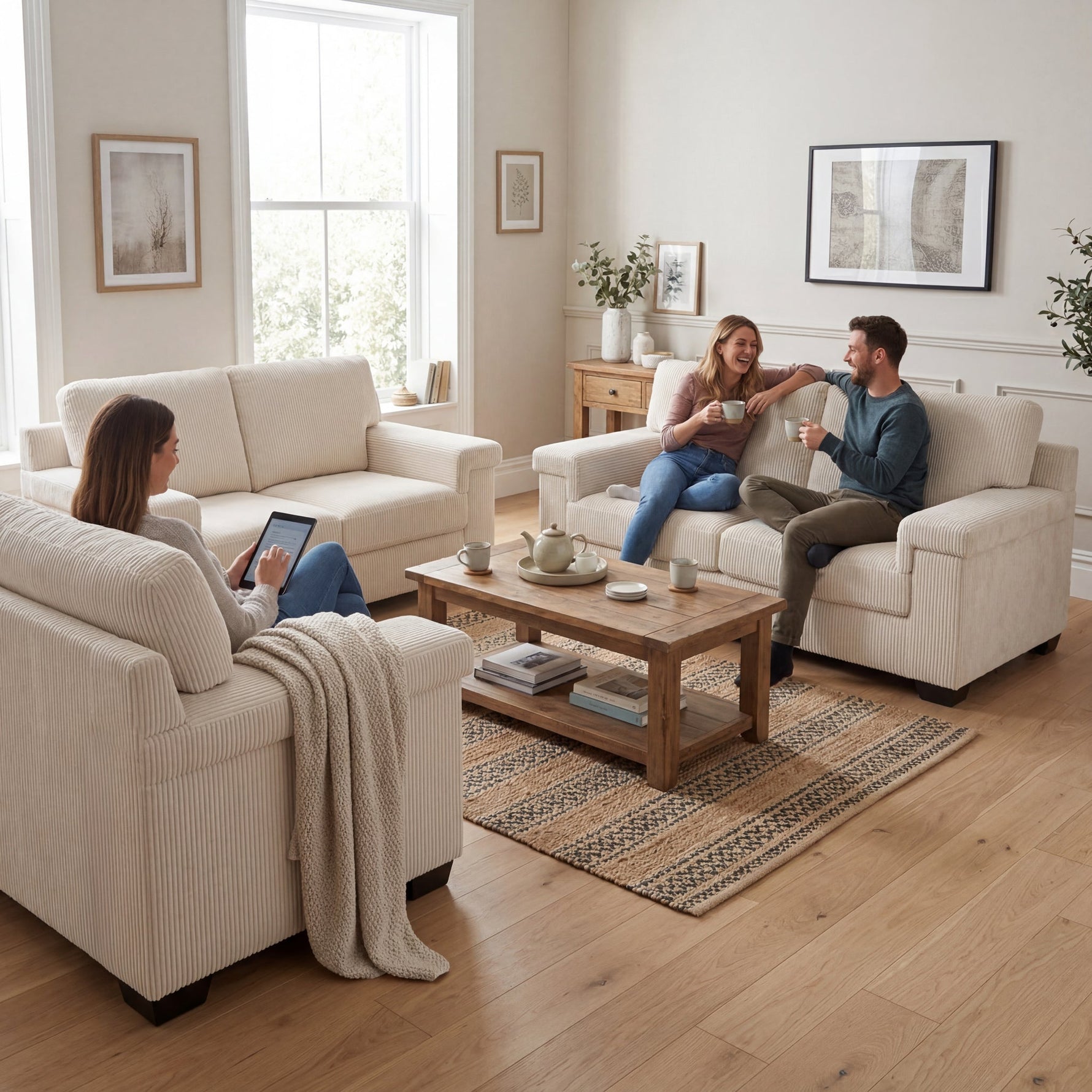 Enzo 2 and 3 Seater Corduroy Sofa Set in Cream | Adjustable Back | Foam Cushions - Bargainia.com - 5056150285342