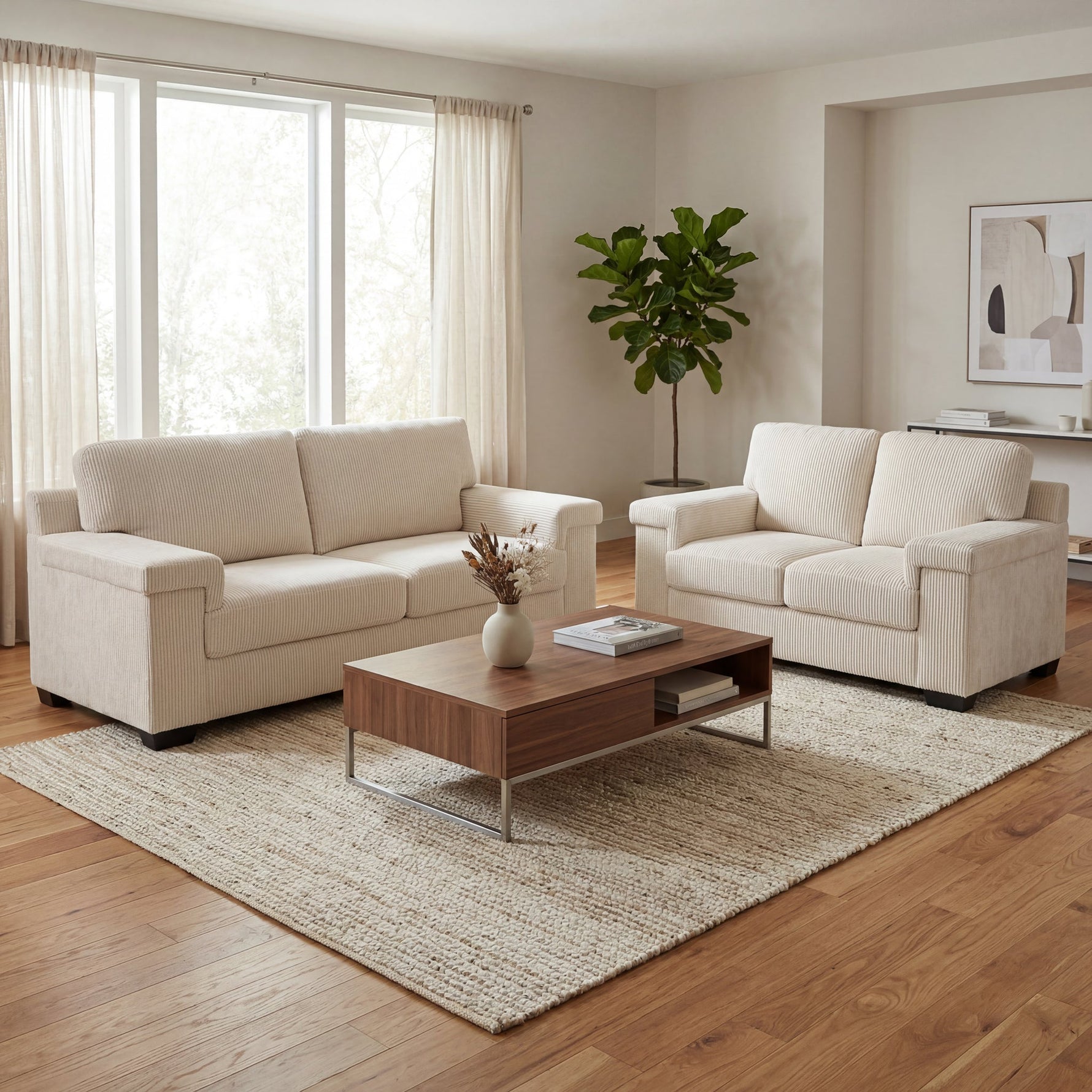 Enzo 2 and 3 Seater Corduroy Sofa Set in Cream | Adjustable Back | Foam Cushions - Bargainia.com - 5056150285342