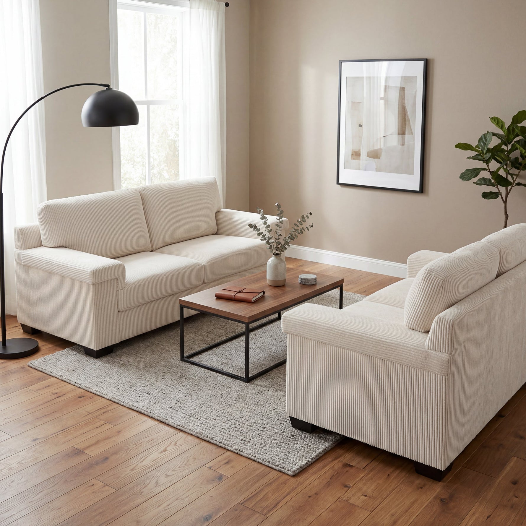 Enzo 2 and 3 Seater Corduroy Sofa Set in Cream | Adjustable Back | Foam Cushions - Bargainia.com - 5056150285342