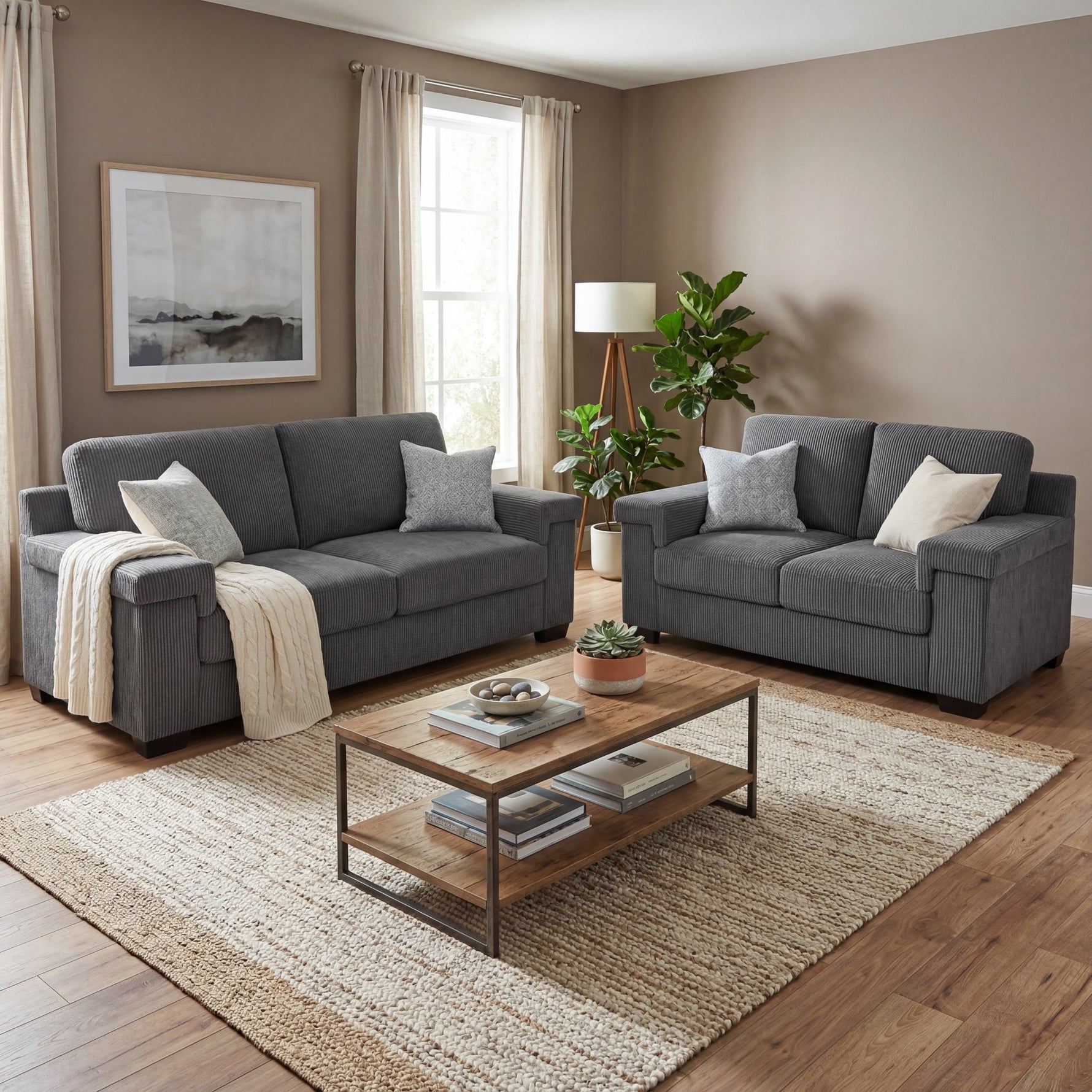 Enzo 2 and 3 Seater Corduroy Sofa Set in Grey | Adjustable Back | Foam Cushions - Bargainia.com - 5056150285281