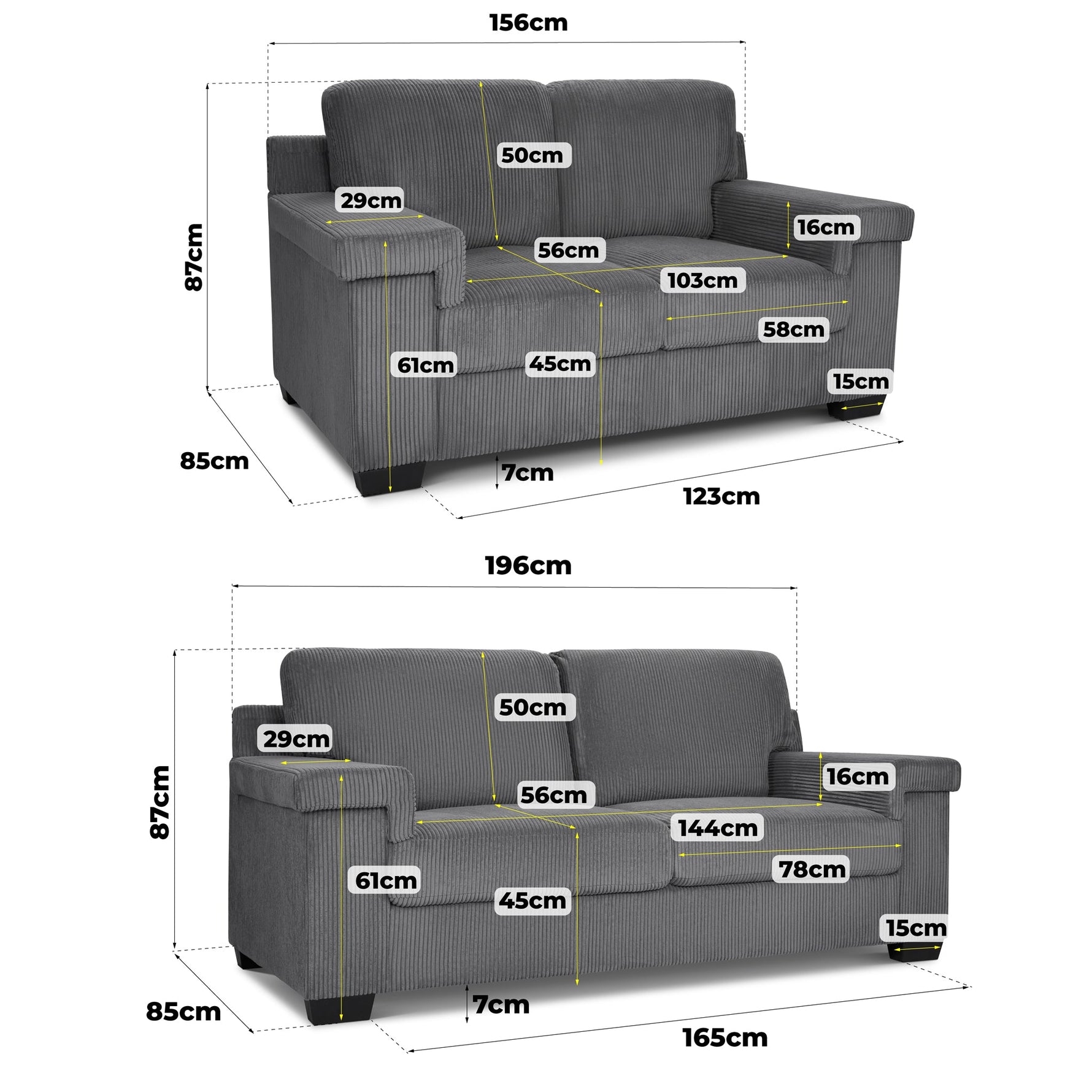 Enzo 2 and 3 Seater Corduroy Sofa Set in Grey | Adjustable Back | Foam Cushions - Bargainia.com - 5056150285281