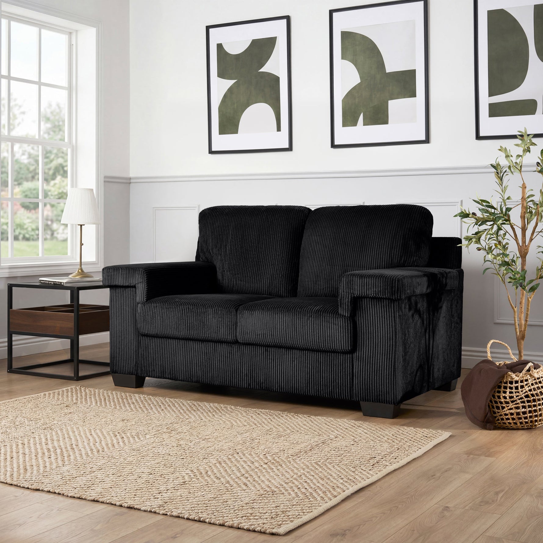 Enzo 2 Seater Corduroy Sofa in Black | Adjustable Back | Foam Cushions - Bargainia.com - 5056150285298
