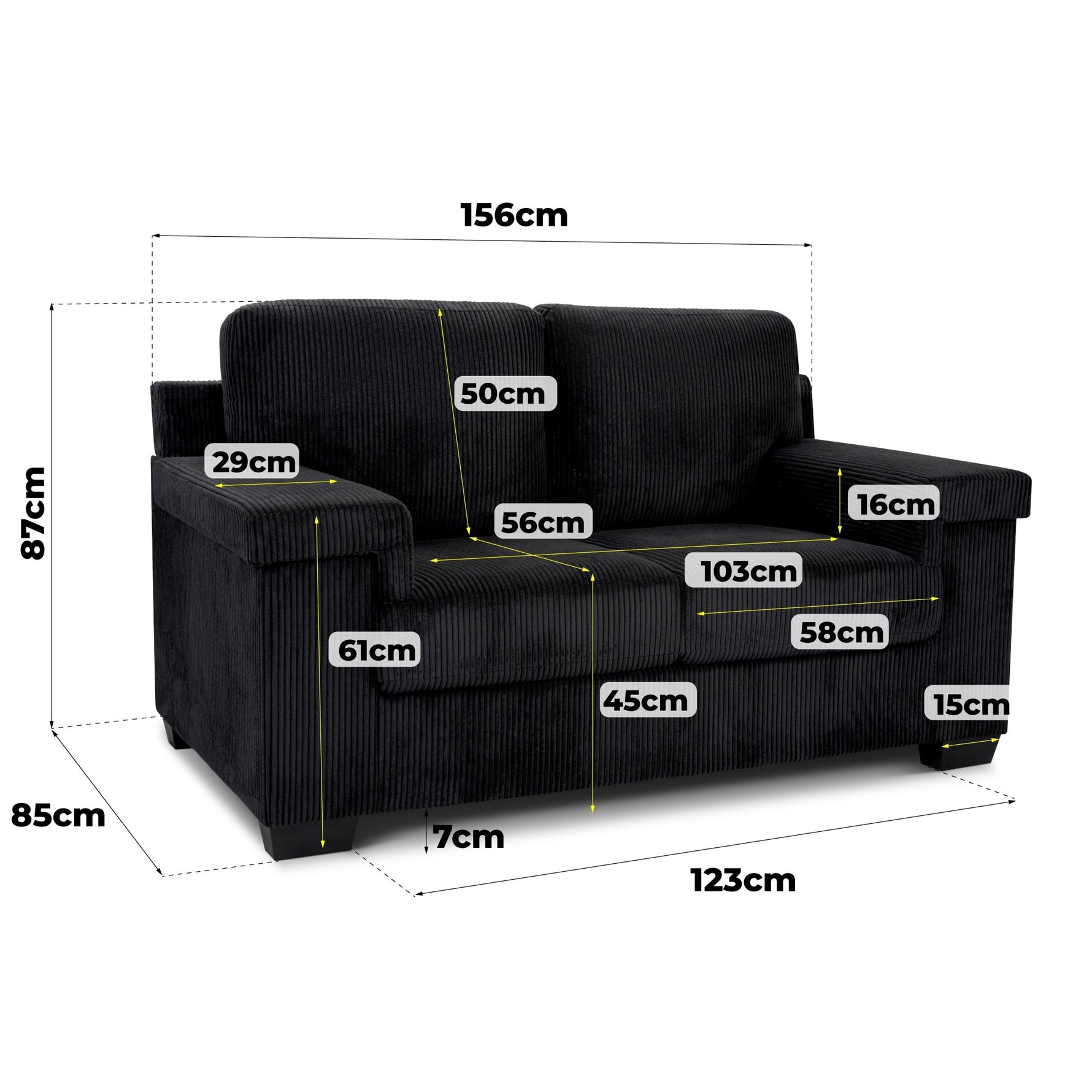 Enzo 2 Seater Corduroy Sofa in Black | Adjustable Back | Foam Cushions - Bargainia.com - 5056150285298