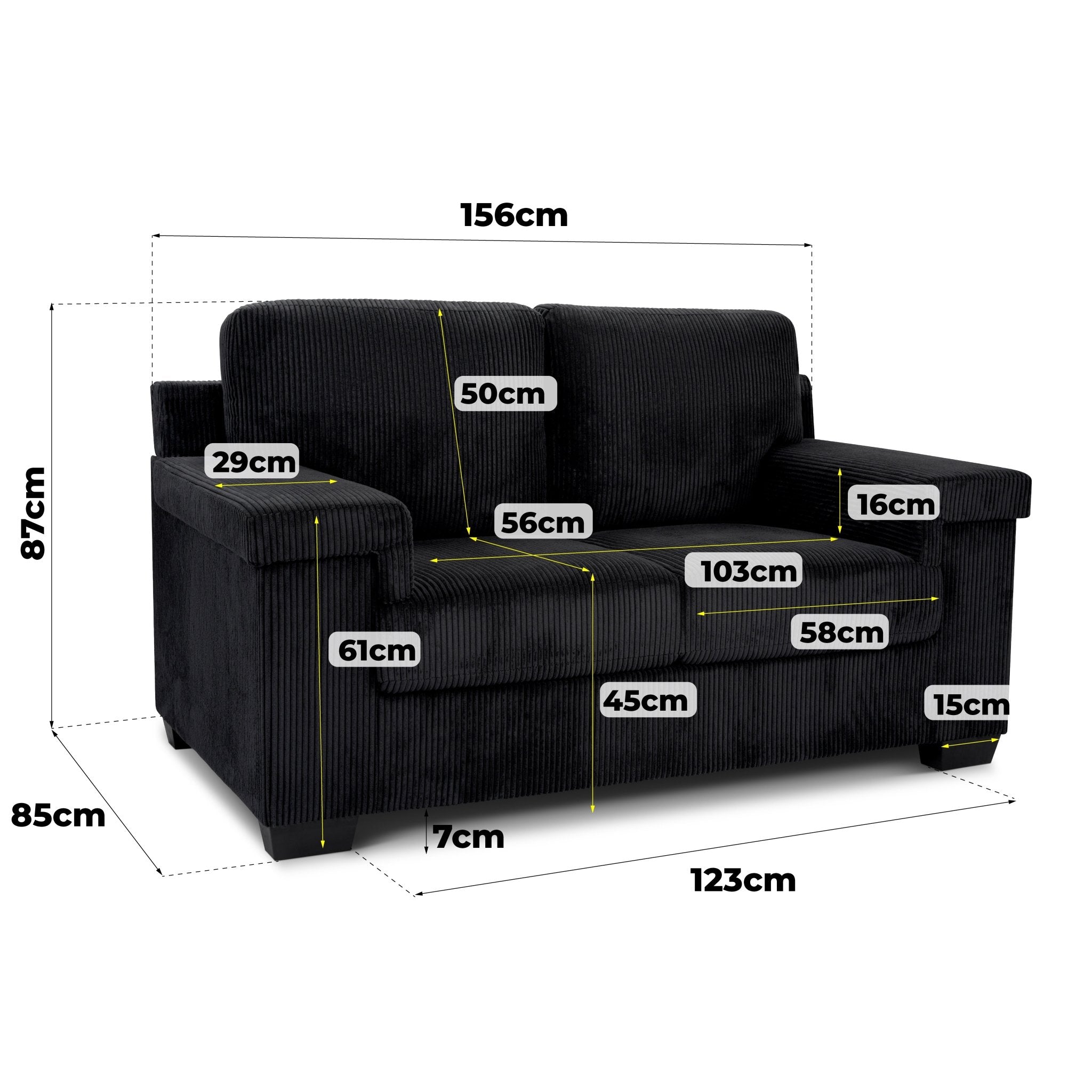Enzo 2 Seater Corduroy Sofa in Black | Adjustable Back | Foam Cushions - Bargainia.com - 5056150285298