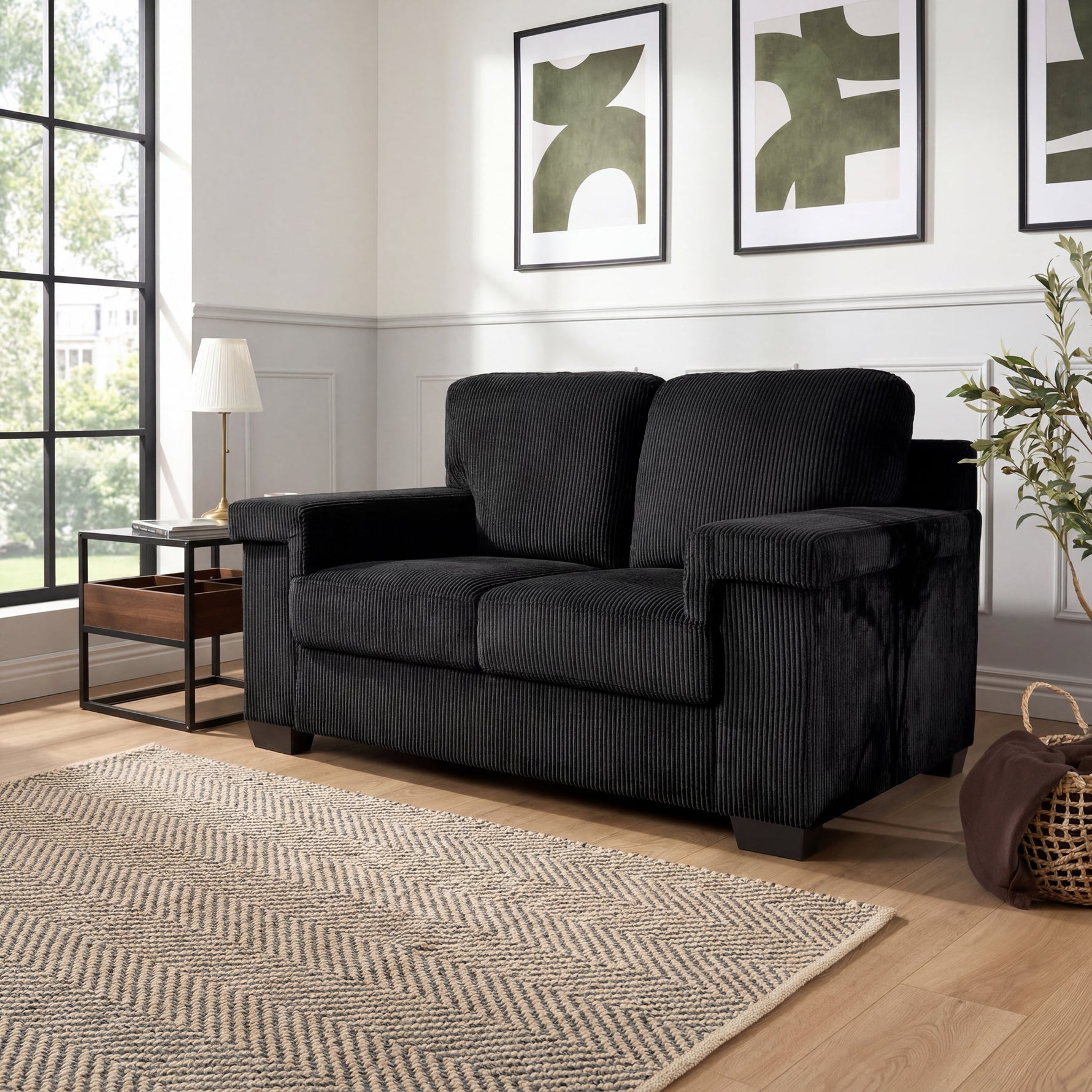 Enzo 2 Seater Corduroy Sofa in Black | Adjustable Back | Foam Cushions - Bargainia.com - 5056150285298