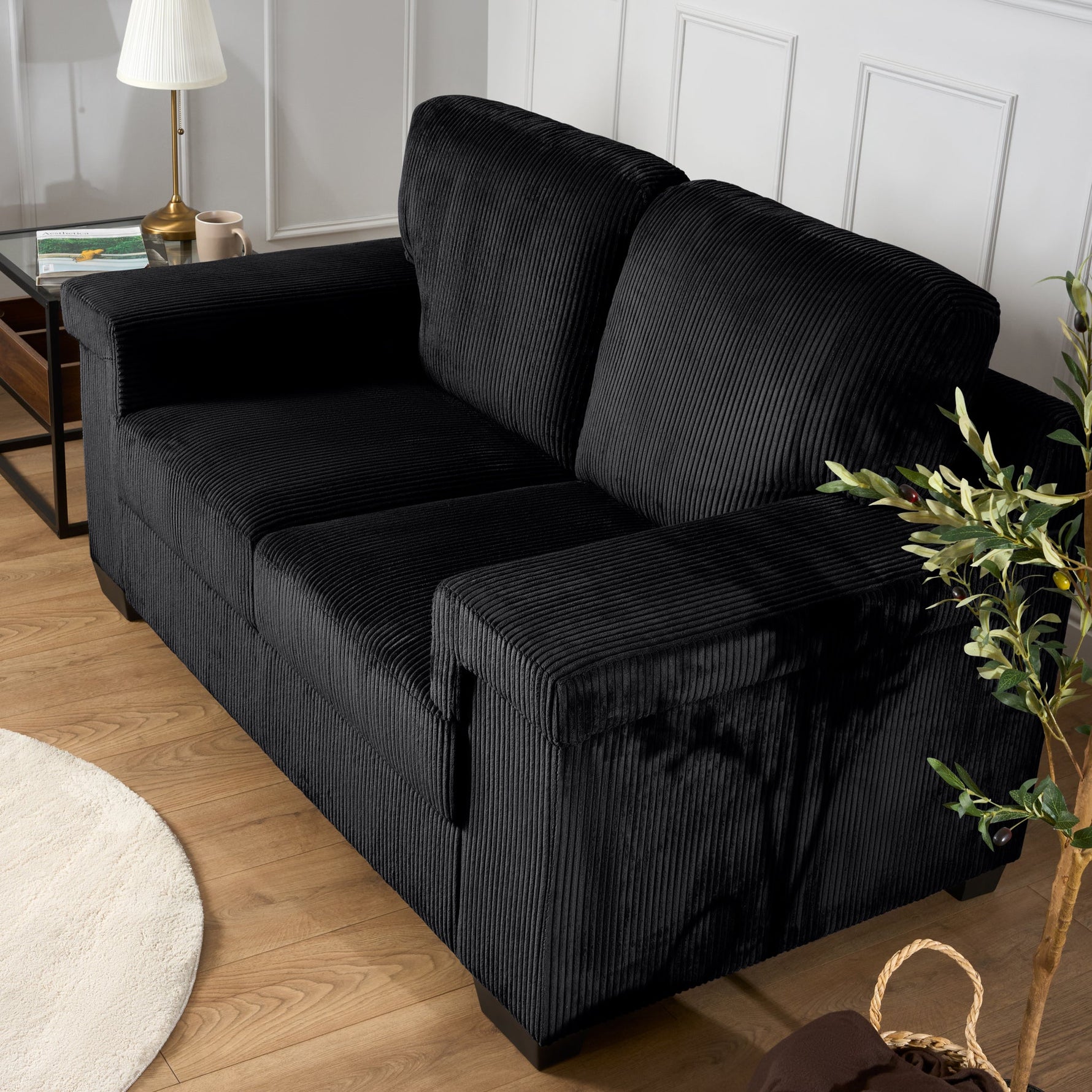Enzo 2 Seater Corduroy Sofa in Black | Adjustable Back | Foam Cushions - Bargainia.com - 5056150285298