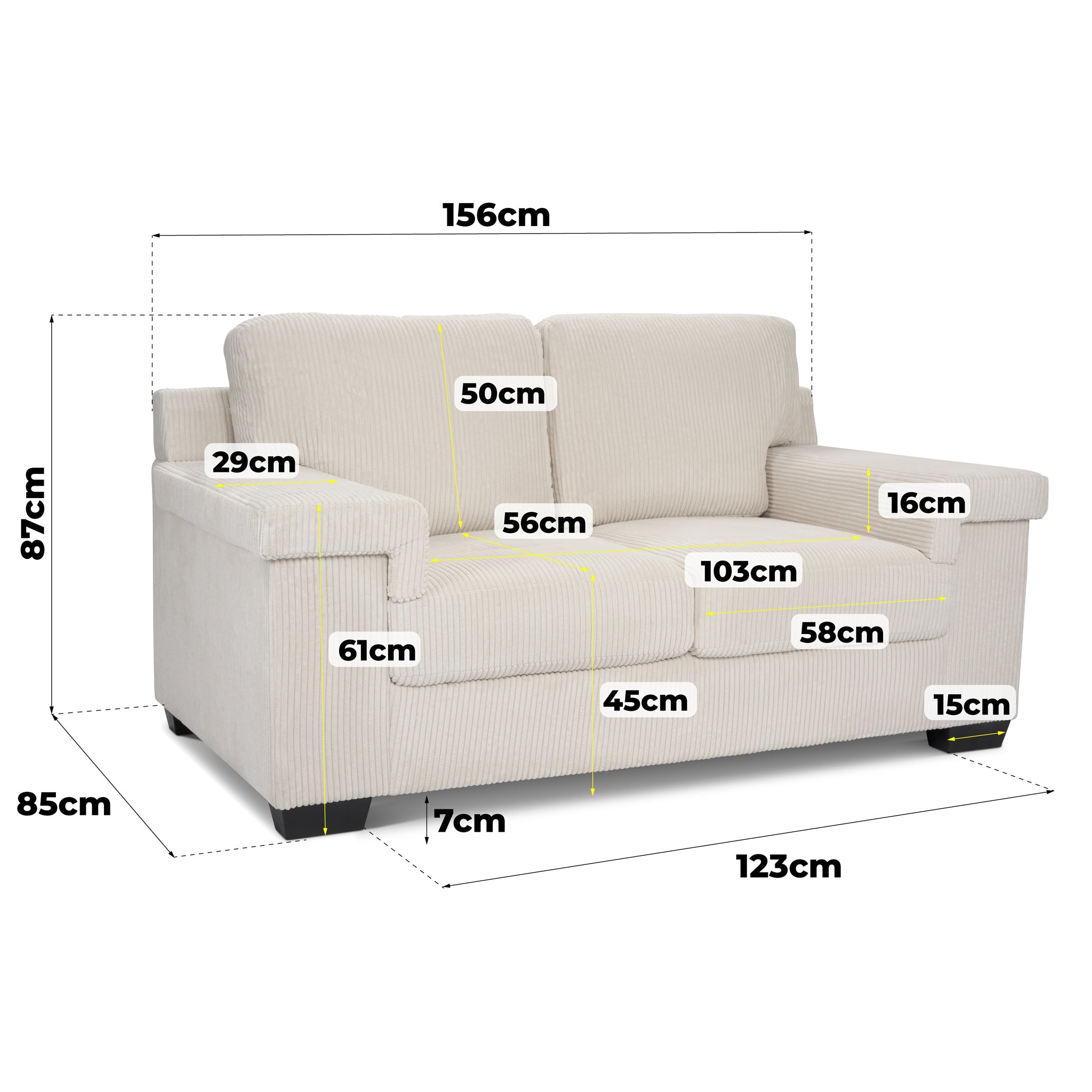 Enzo 2 Seater Corduroy Sofa in Cream | Adjustable Back | Foam Cushions - Bargainia.com - 5056150285328