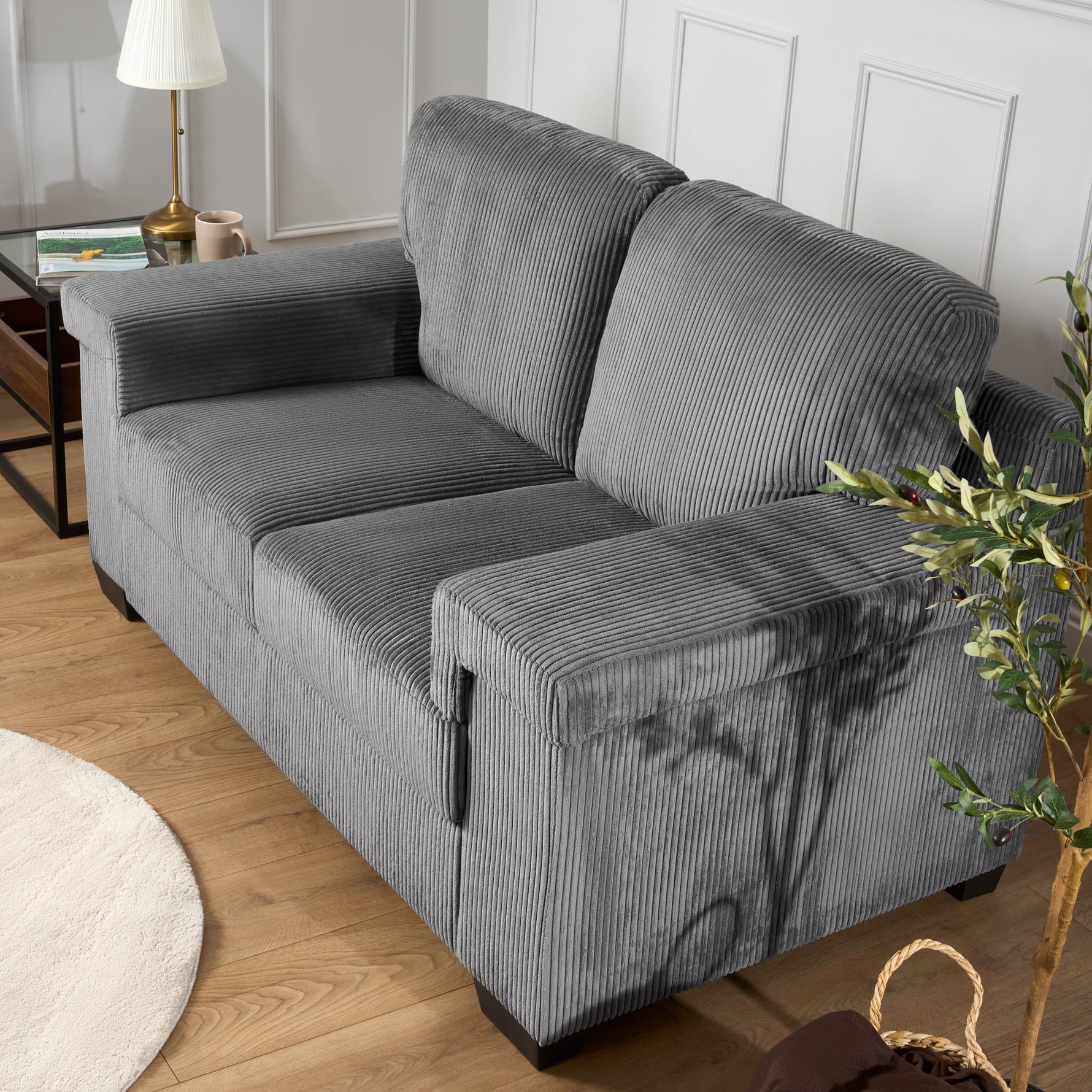 Enzo 2 Seater Corduroy Sofa in Grey | Adjustable Back | Foam Cushions - Bargainia.com - 5056150285267