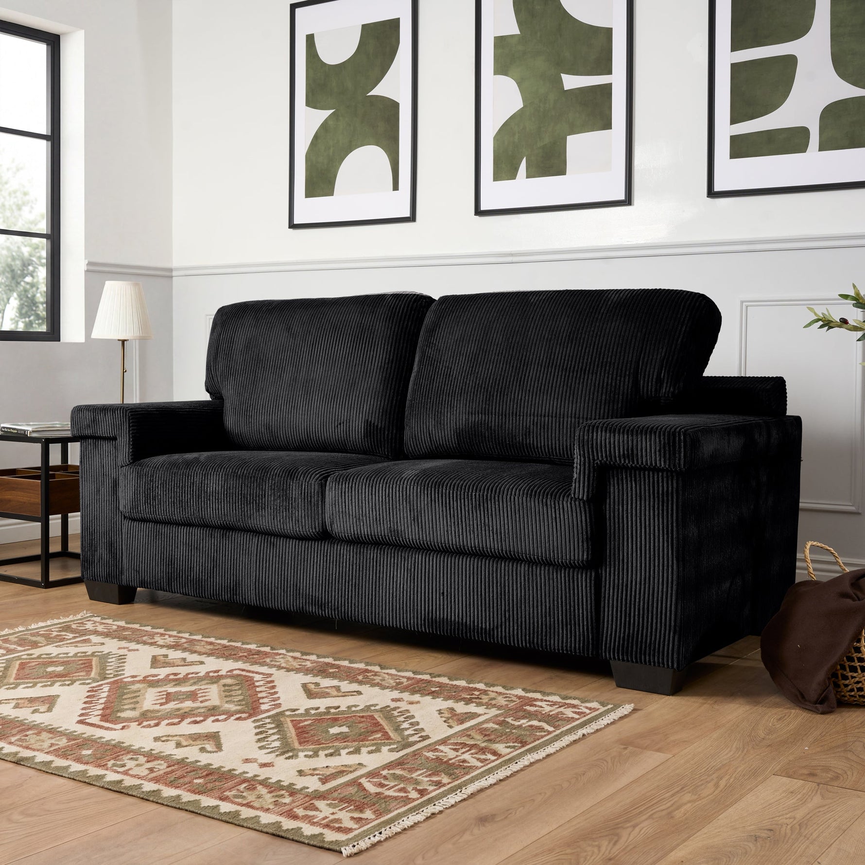 Enzo 3 Seater Corduroy Sofa in Black | Adjustable Back | Foam Cushions - Bargainia.com - 5056150285304