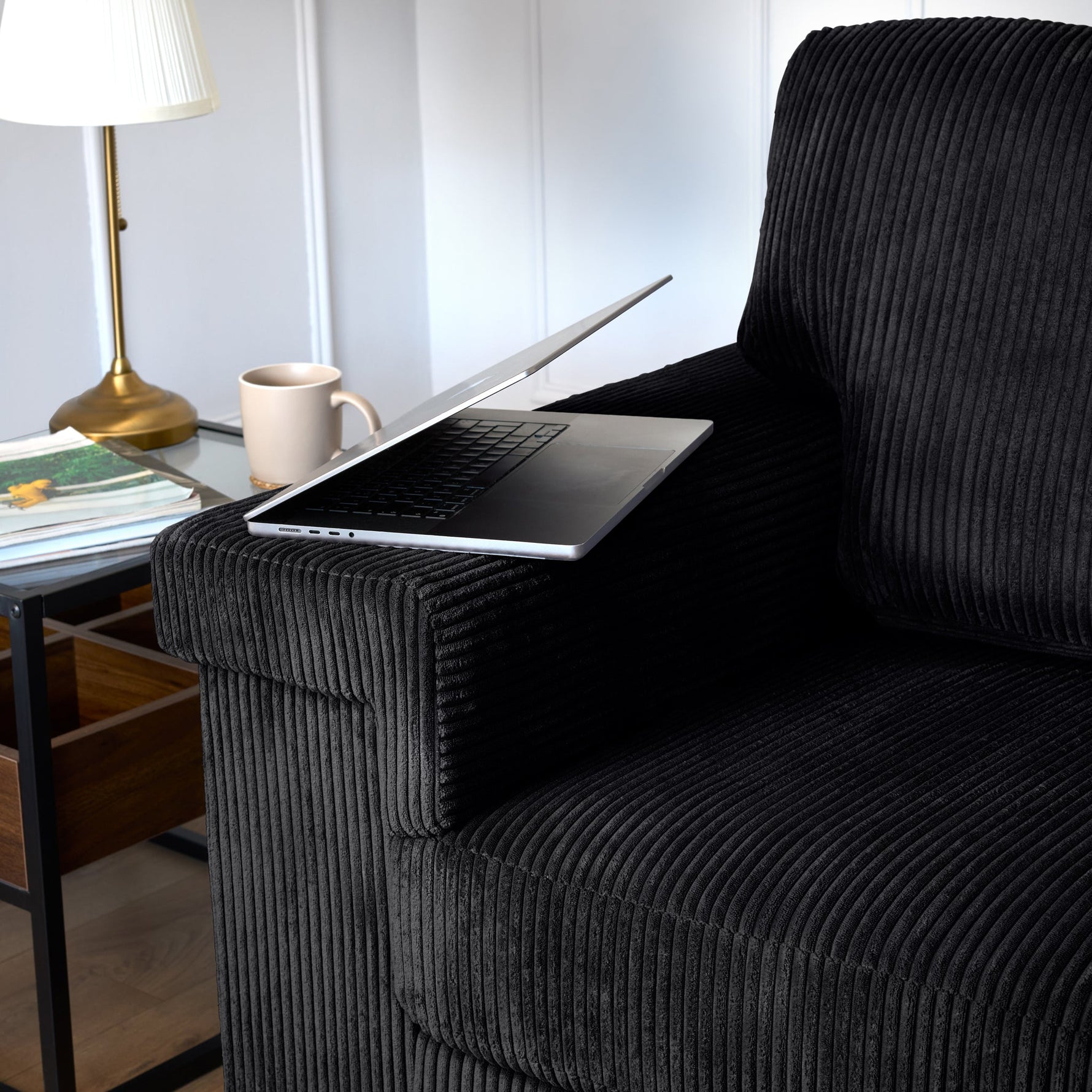 Enzo 3 Seater Corduroy Sofa in Black | Adjustable Back | Foam Cushions - Bargainia.com - 5056150285304