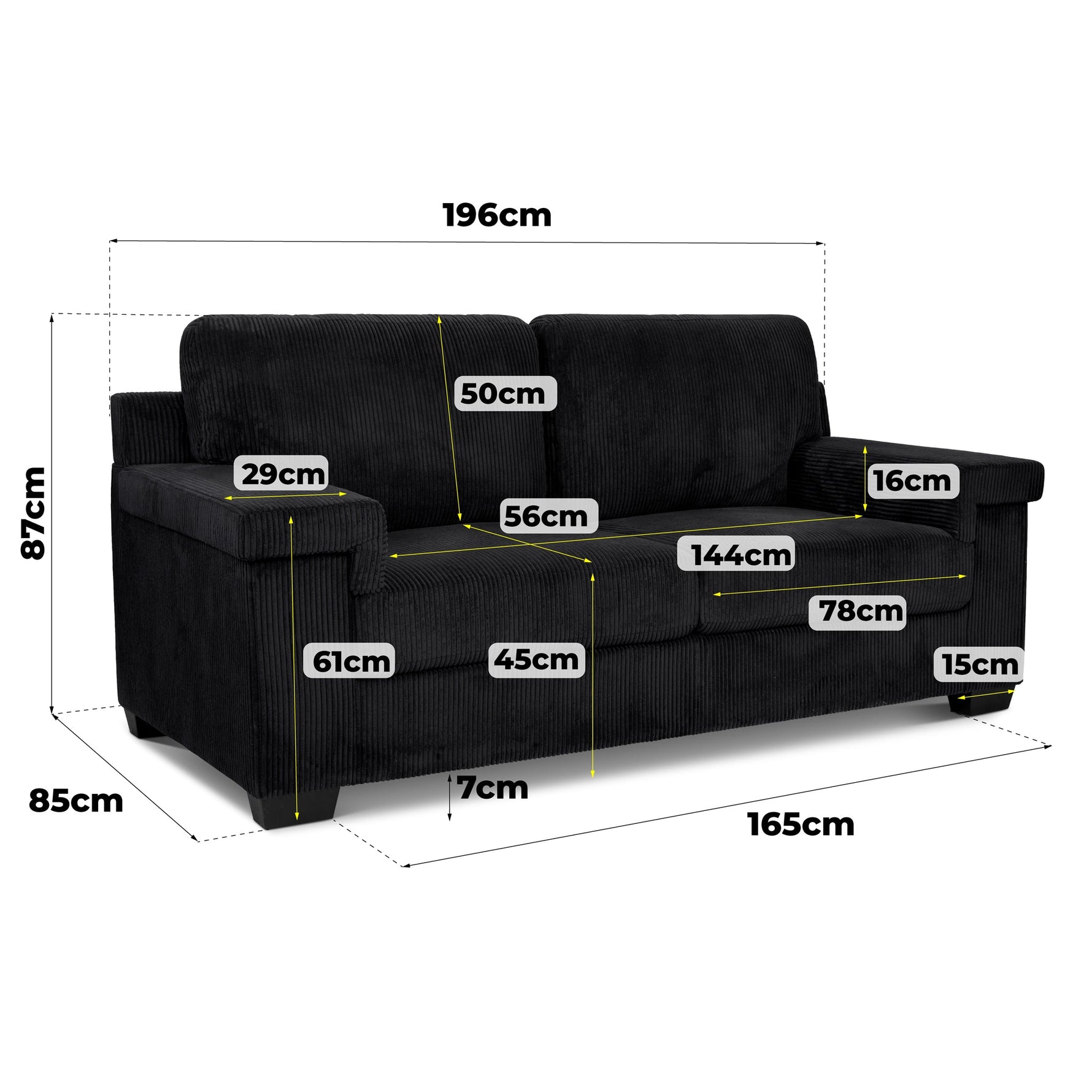 Enzo 3 Seater Corduroy Sofa in Black | Adjustable Back | Foam Cushions - Bargainia.com - 5056150285304