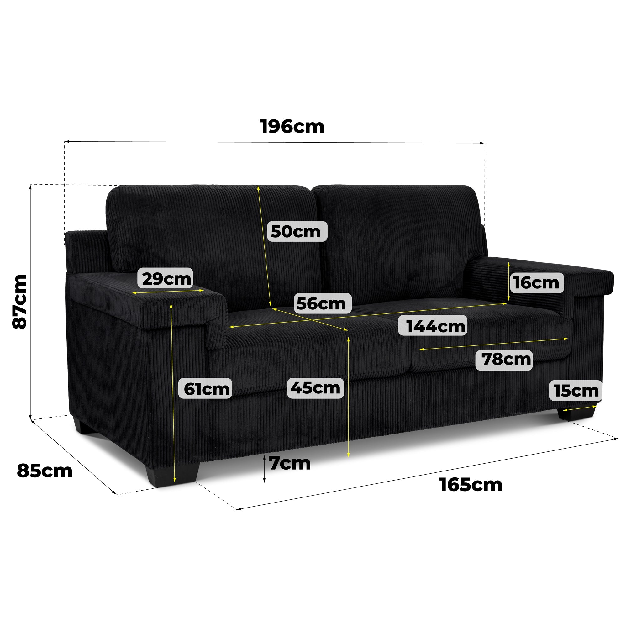 Enzo 3 Seater Corduroy Sofa in Black | Adjustable Back | Foam Cushions - Bargainia.com - 5056150285304