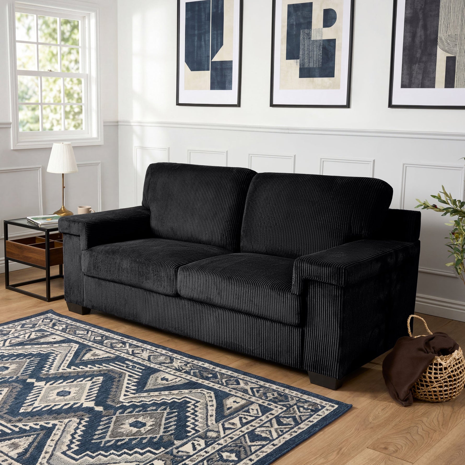 Enzo 3 Seater Corduroy Sofa in Black | Adjustable Back | Foam Cushions - Bargainia.com - 5056150285304