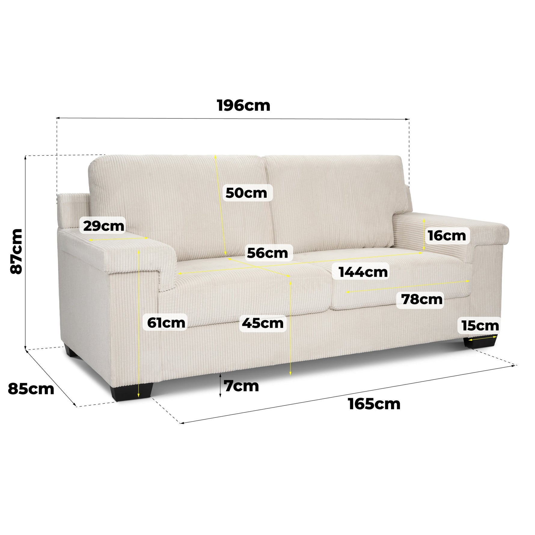 Enzo 3 Seater Corduroy Sofa in Cream | Adjustable Back | Foam Cushions - Bargainia.com - 5056150285335