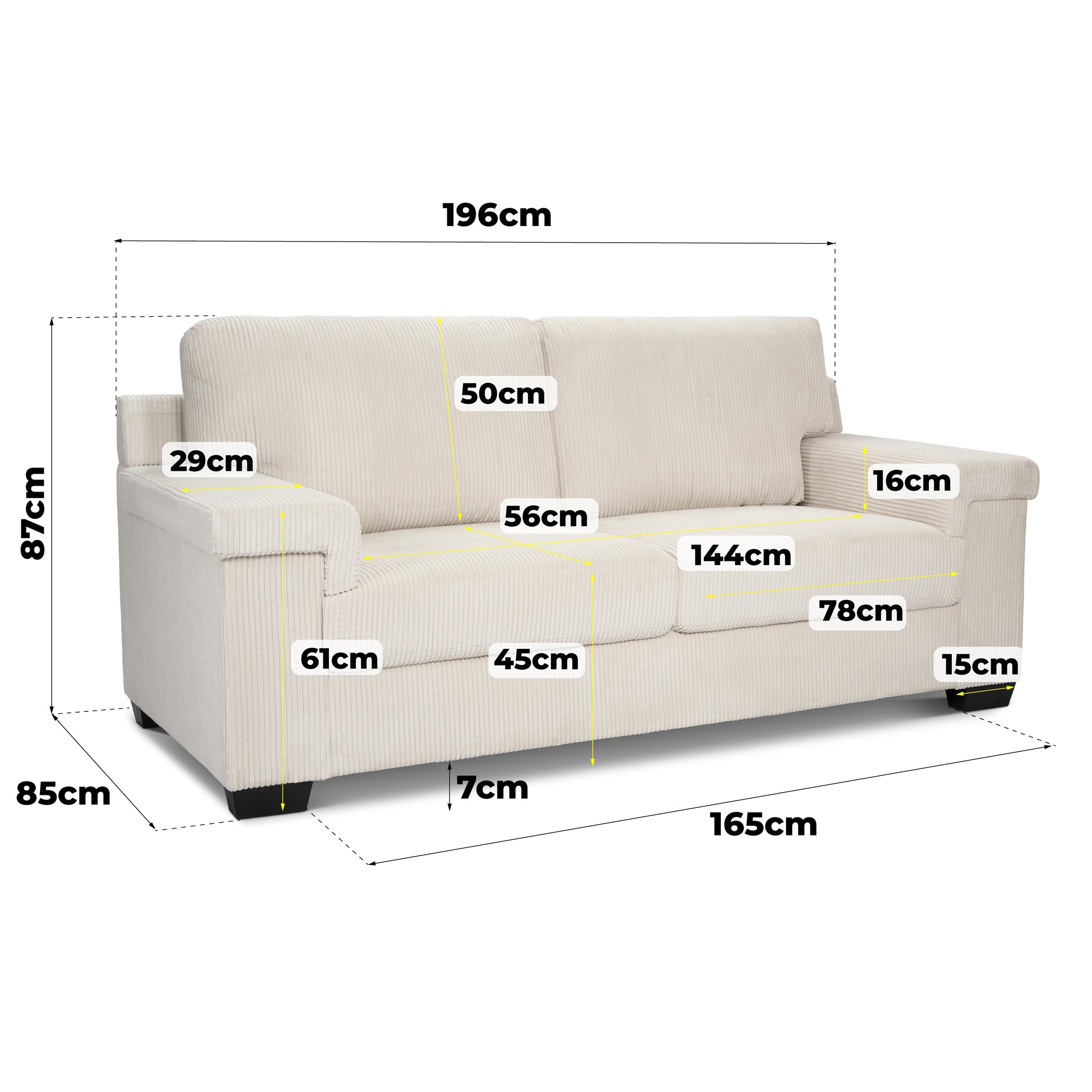 Enzo 3 Seater Corduroy Sofa in Cream | Adjustable Back | Foam Cushions - Bargainia.com - 5056150285335