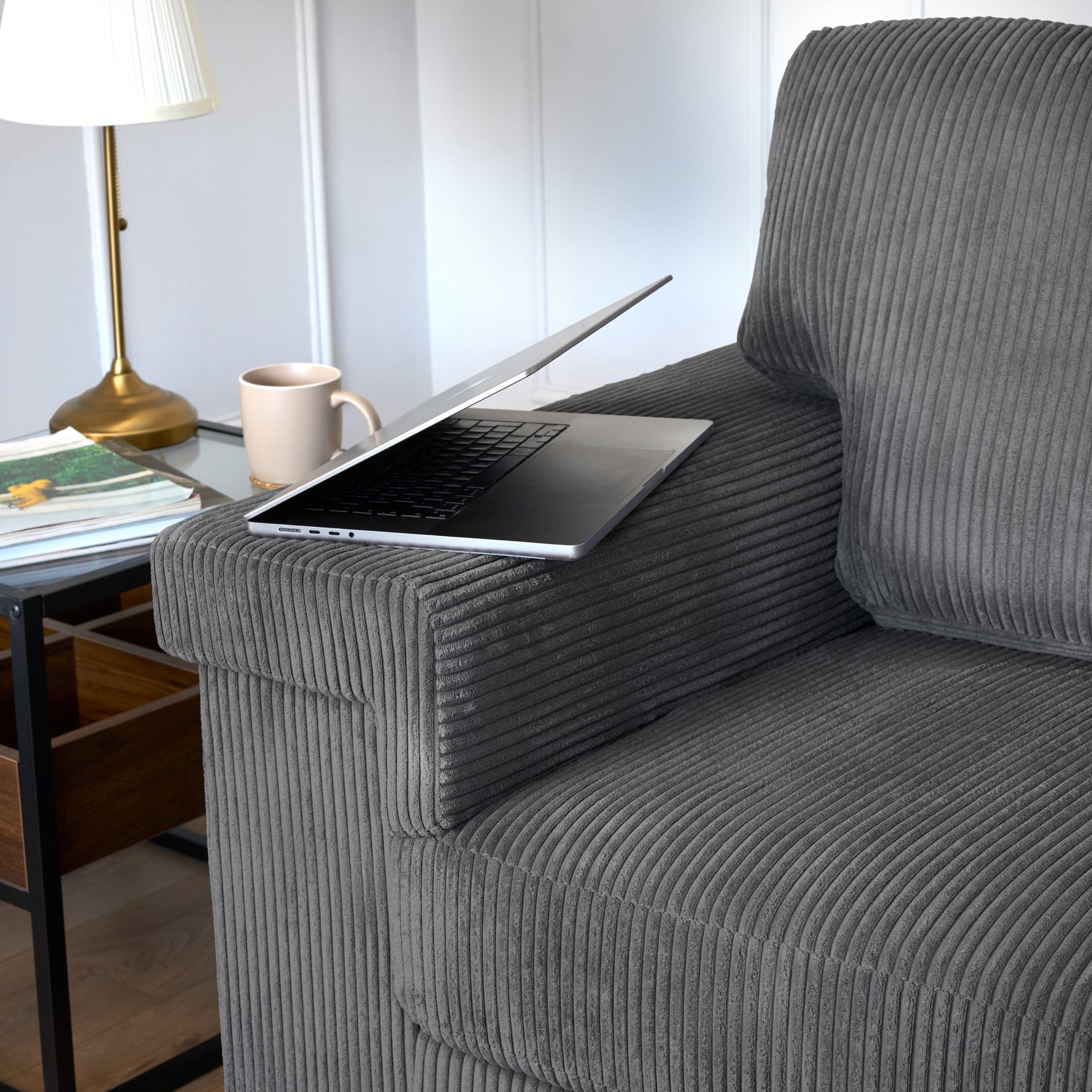 Enzo 3 Seater Corduroy Sofa in Grey | Adjustable Back | Foam Cushions - Bargainia.com - 5056150285274