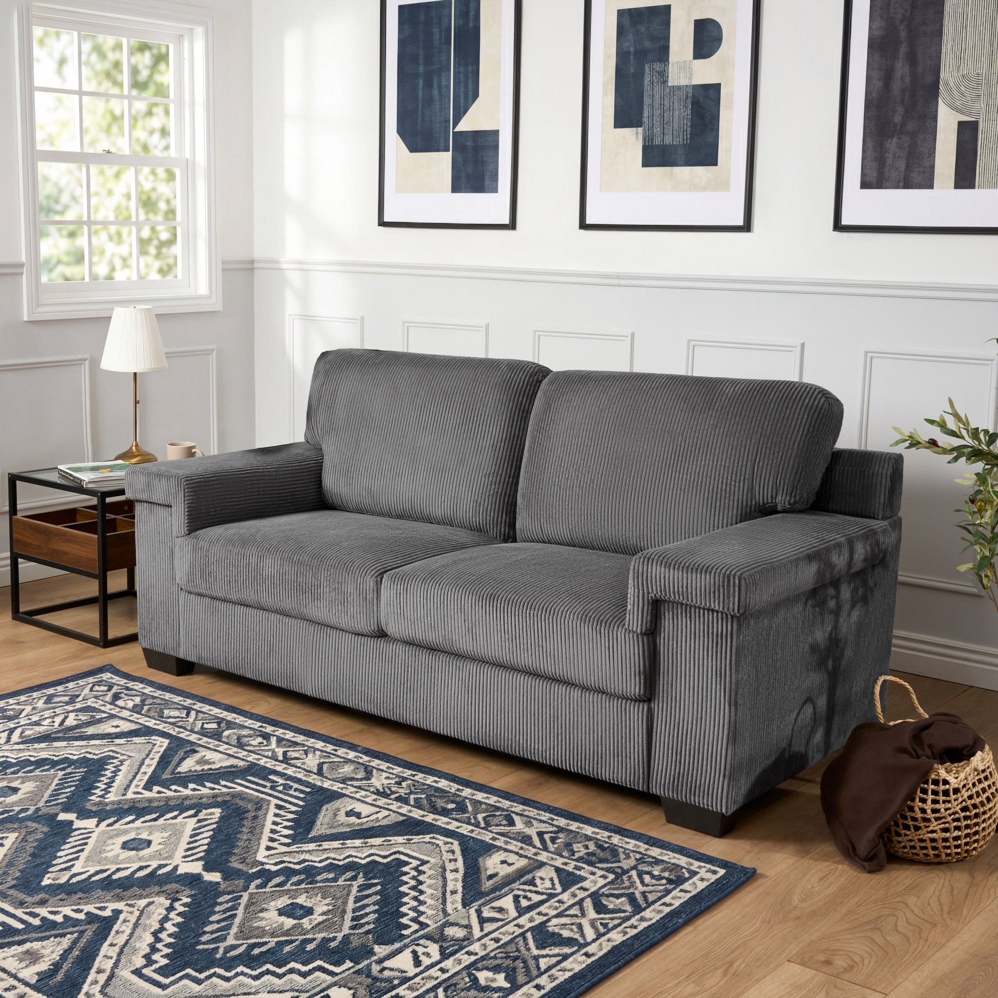Enzo 3 Seater Corduroy Sofa in Grey | Adjustable Back | Foam Cushions - Bargainia.com - 5056150285274