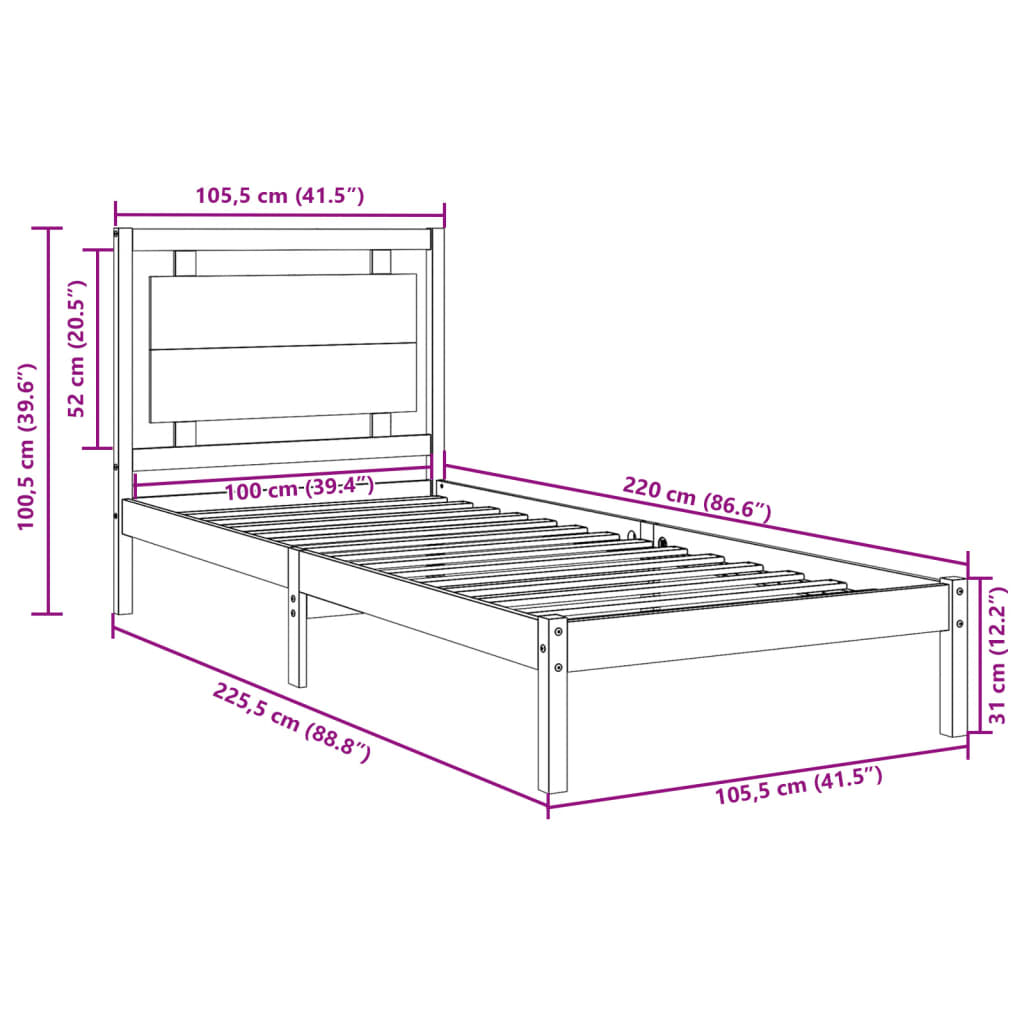 Extra Long Bed Frame without Mattress 100x220 cm Solid Wood - Bargainia.com - 