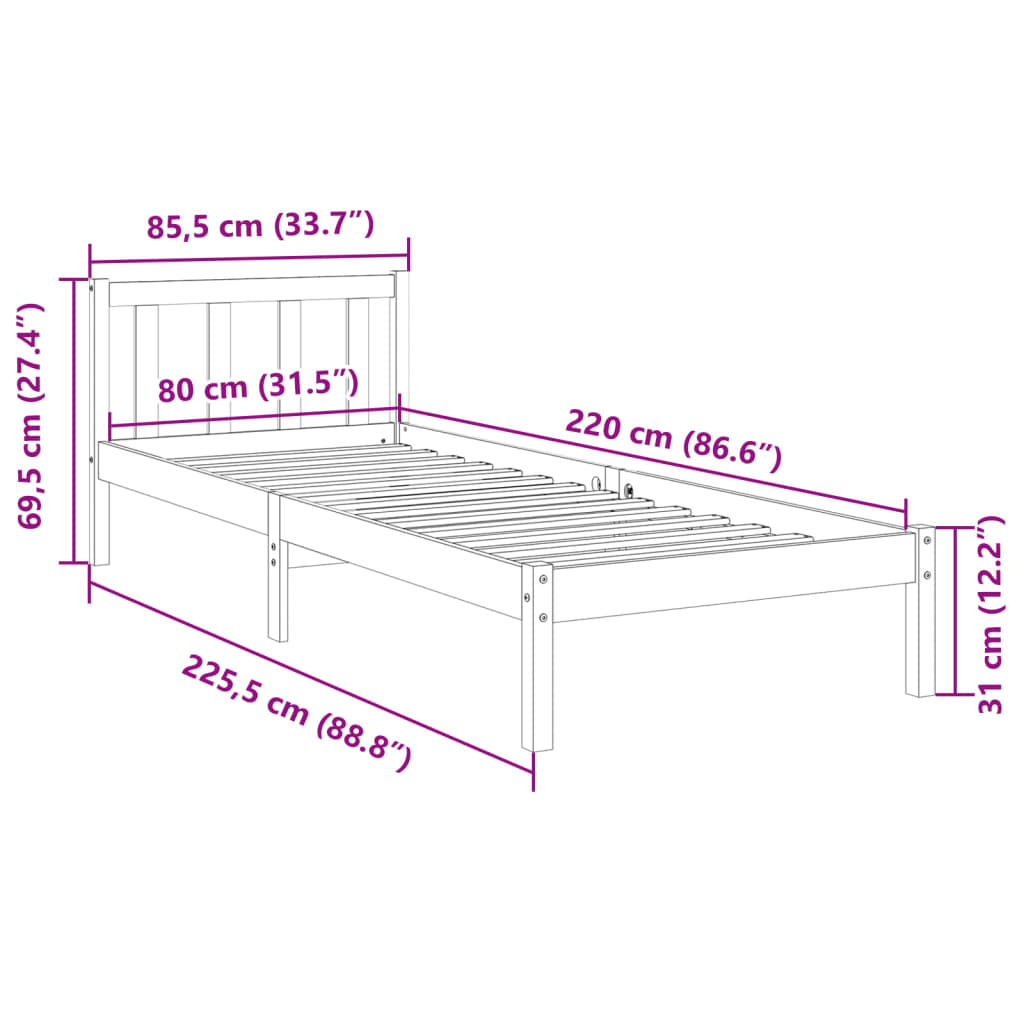 Extra Long Bed Frame without Mattress White 80x220 cm Solid Wood Pine - Bargainia.com - 