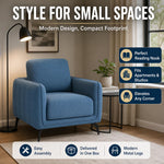 Brixton Blue Linen Look Fabric Armchair, Modern Accent Chair with Solid Wood Frame and Black Steel Legs