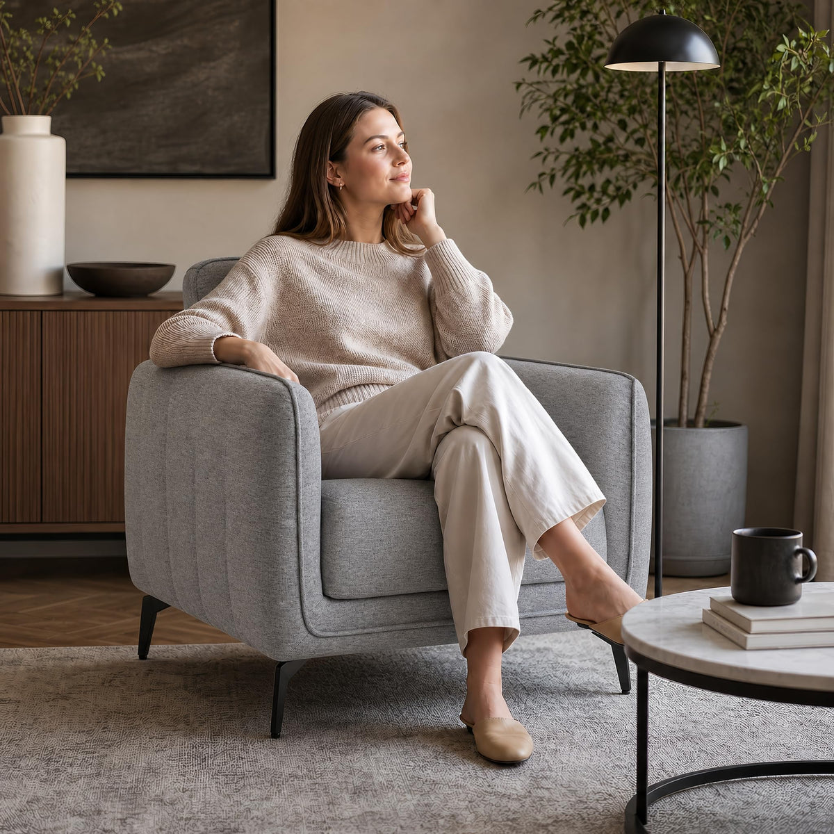 Brixton Grey Linen Look Fabric Armchair, Modern Accent Chair with Solid Wood Frame and Black Steel Legs