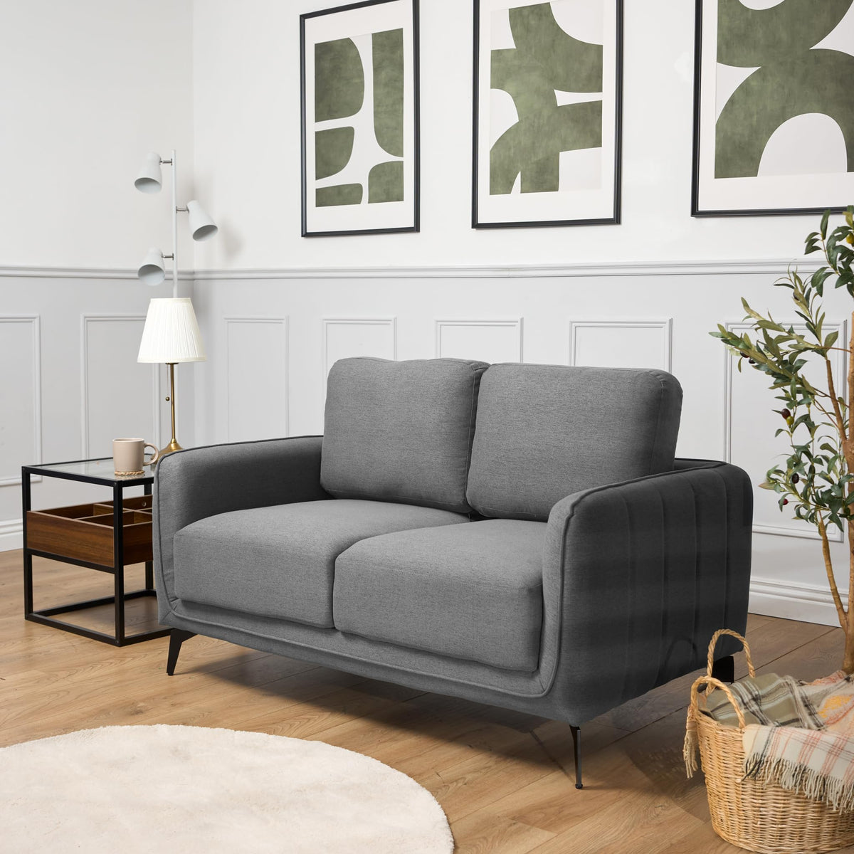 Brixton Grey Fabric Sofa Set, 2 Seater and 3 Seater Linen Look Settees with Solid Wood Frame and Steel Legs