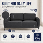 Brixton Dark Grey Linen Look Fabric 3 Seater Sofa, Modern Couch with Foam Cushions and Black Steel Legs