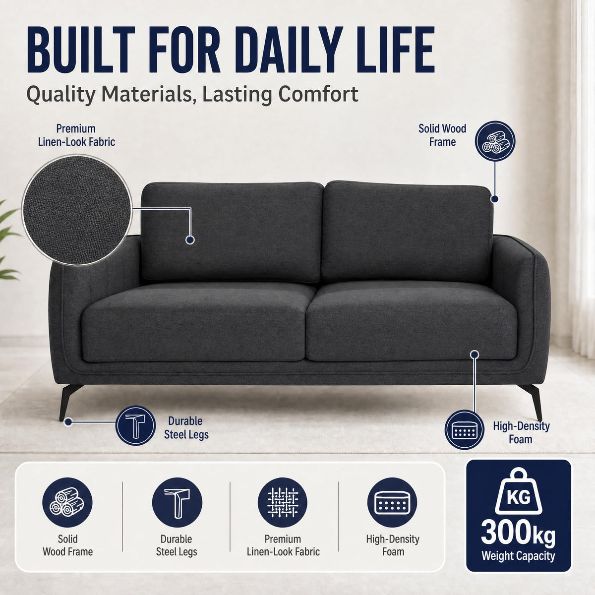 Brixton Dark Grey Linen Look Fabric 3 Seater Sofa, Modern Couch with Foam Cushions and Black Steel Legs
