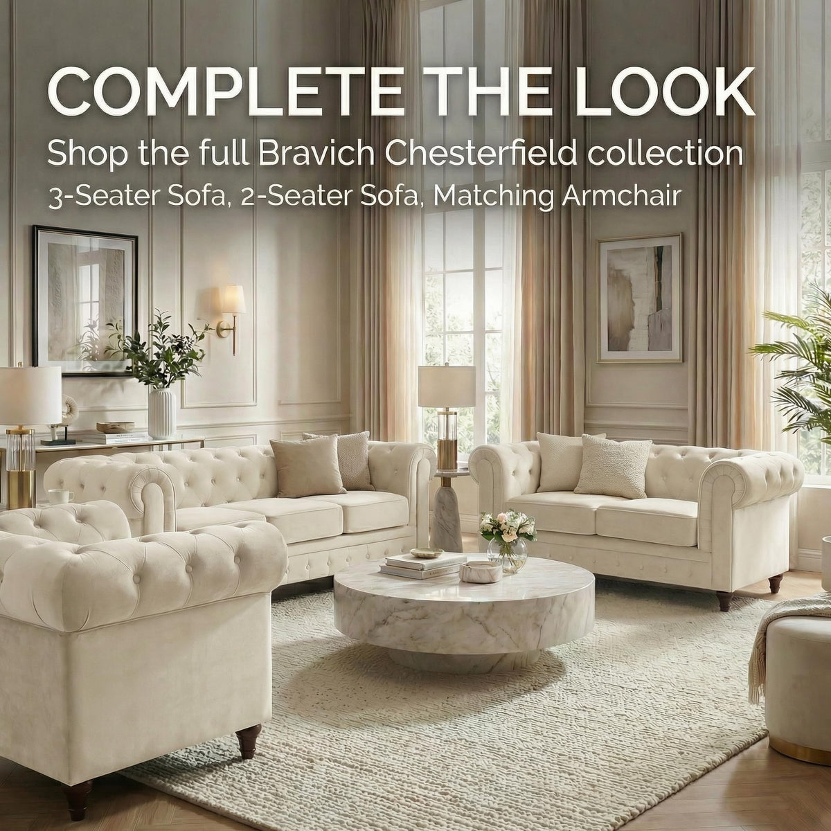 Canapé Chesterfield en velours crème